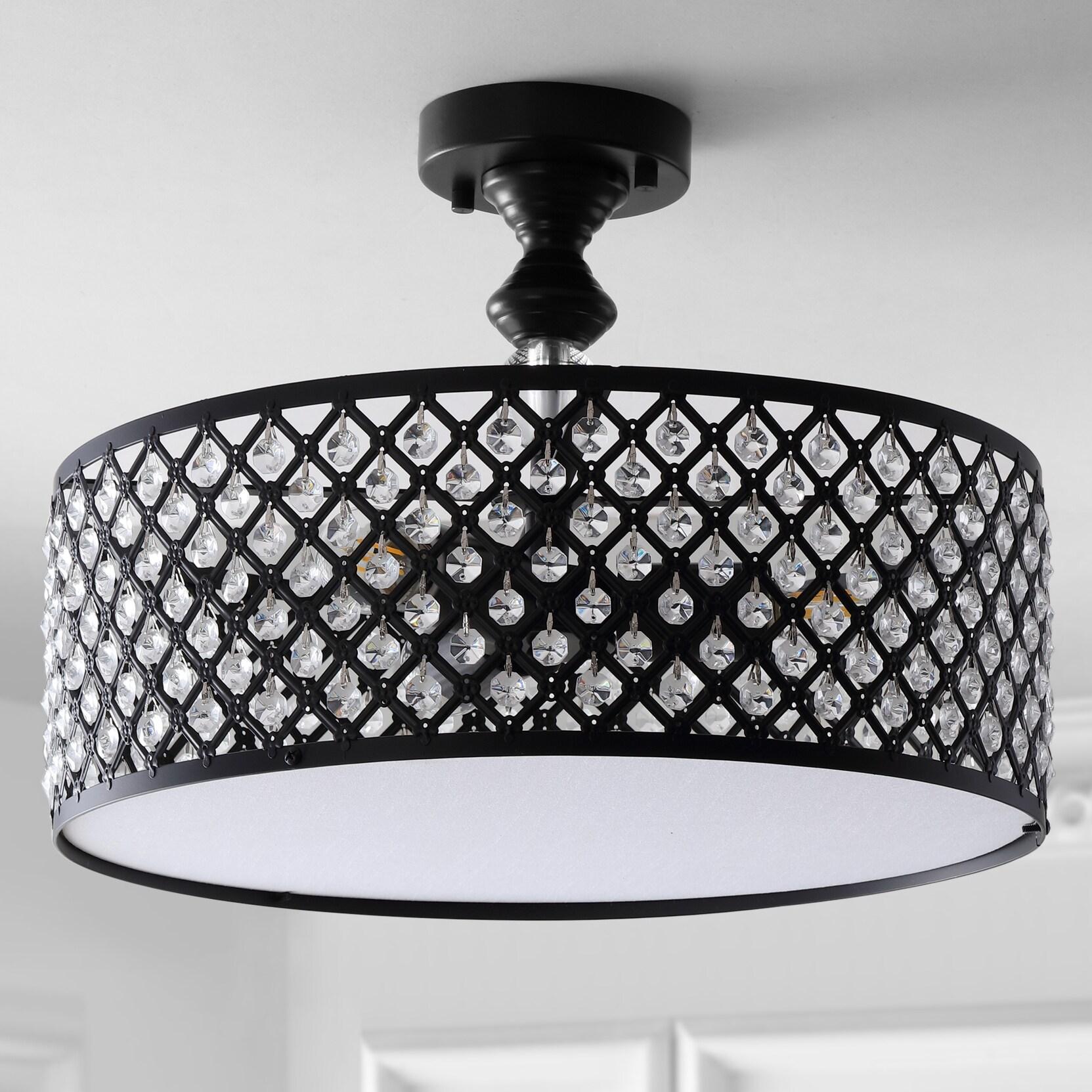 Elise 17" 3-Light Crystal/Metal Drum Semi-Flush Mount, Black