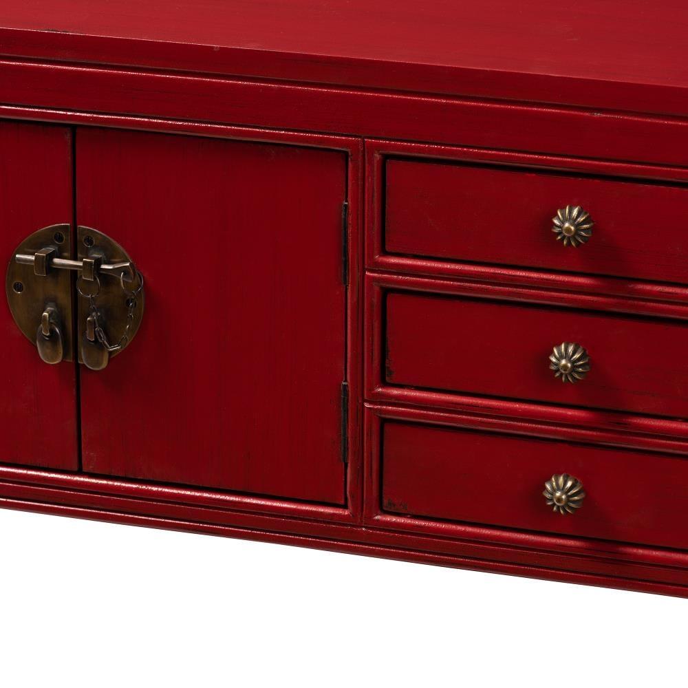 Melodie 6 Drawer Console Table Red - Baxton Studio: Antique-Inspired, Bayur Wood, Bronze Handles