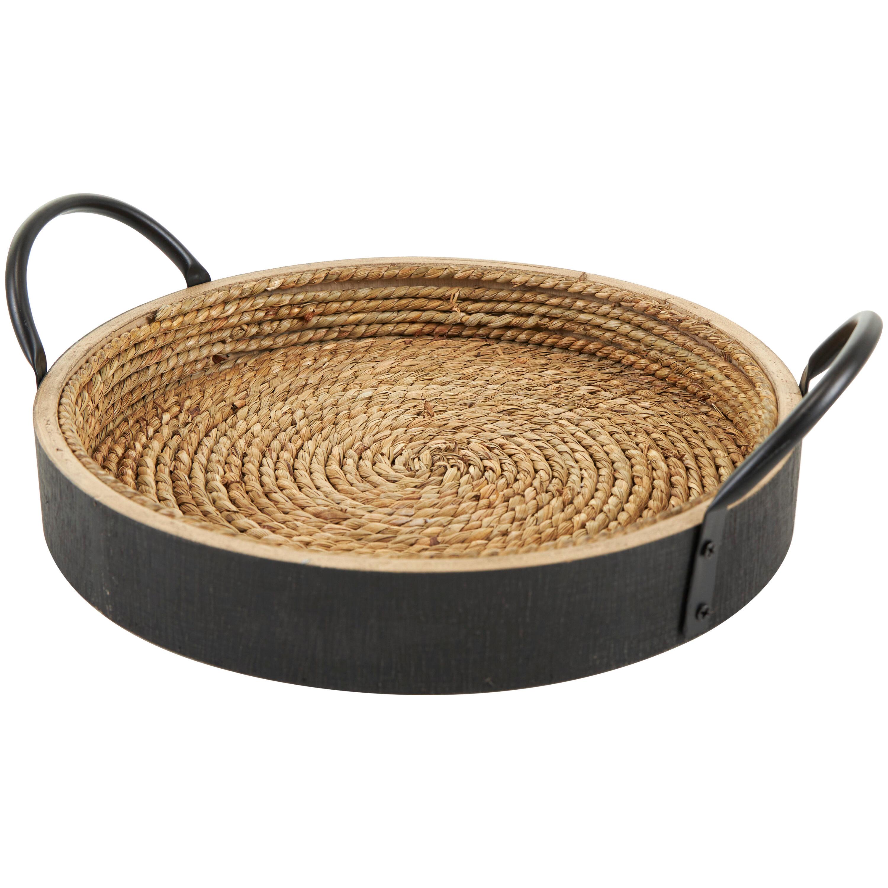 Set of 2 Round Black and Natural Wood Decorative Trays
