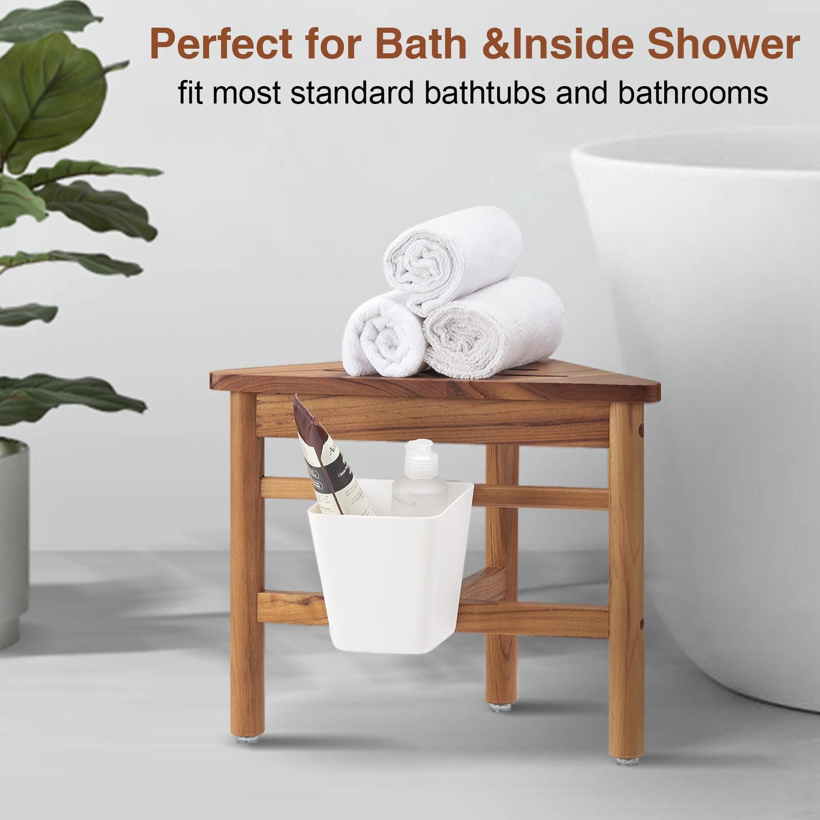 Utopia Alley  12 in. Small Teak Corner Shower Stool with Plastic Storage for Inside Shower, Indoor & Outdoor Use