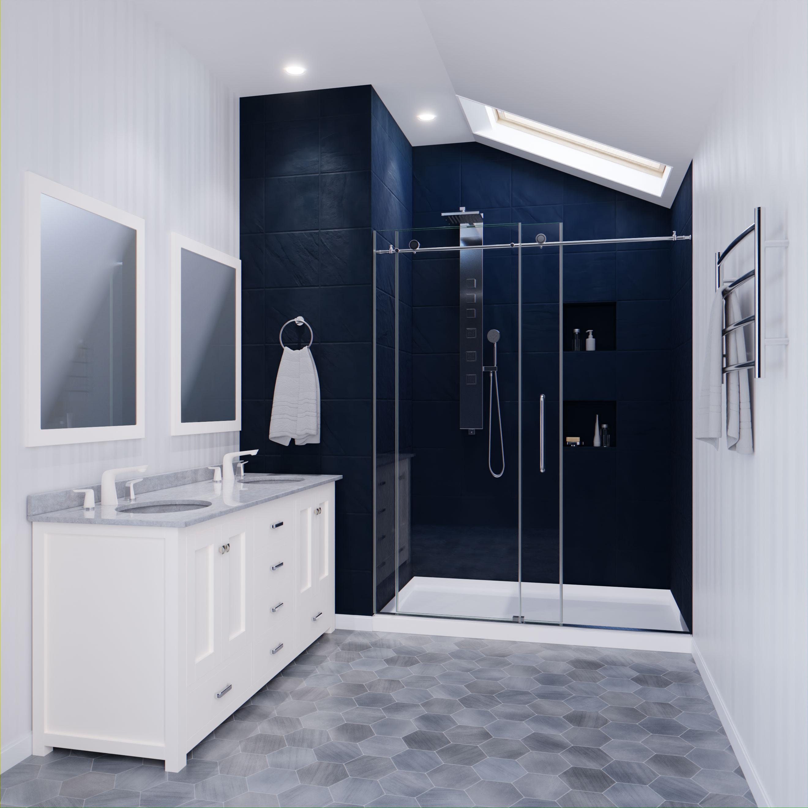 Leon 56"-60" W x 76" H Single Sliding Frameless Shower Door with Tsunami Guard