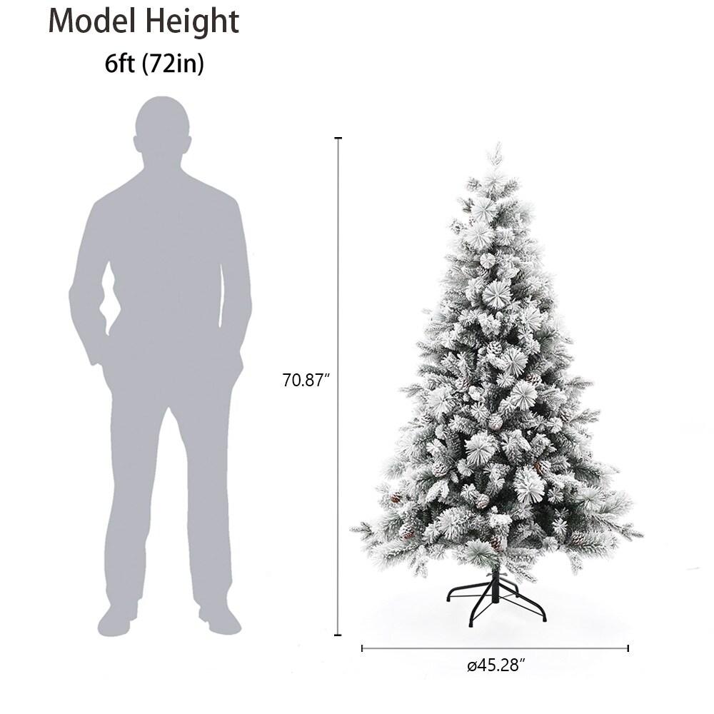 LuxenHome 6Ft Artificial Flocked Full Pine Christmas Tree with Pine Cones