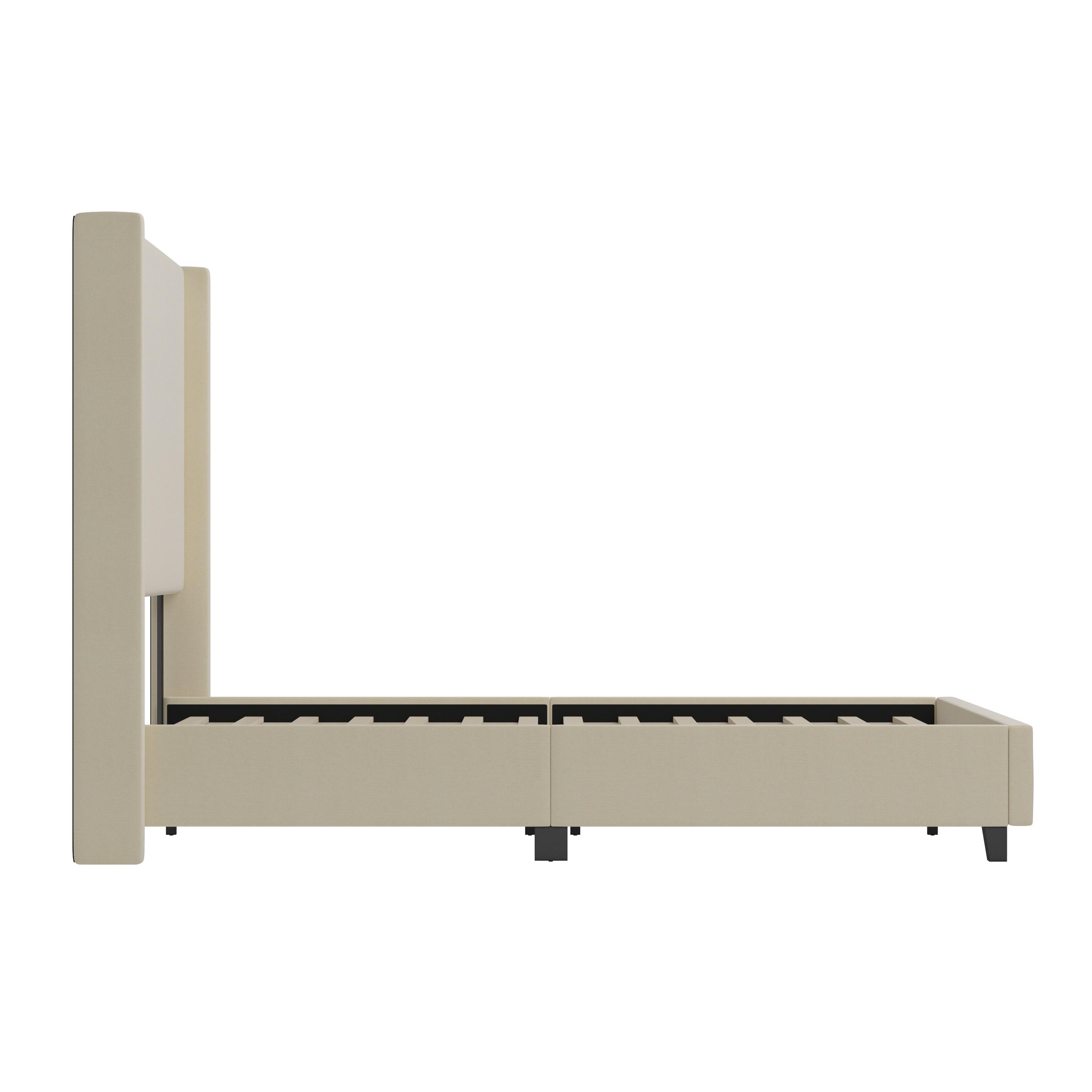Flash Furniture Quinn Queen Upholstered Platform Bed with Channel Stitched Wingback Headboard, No Box Spring Needed, Beige