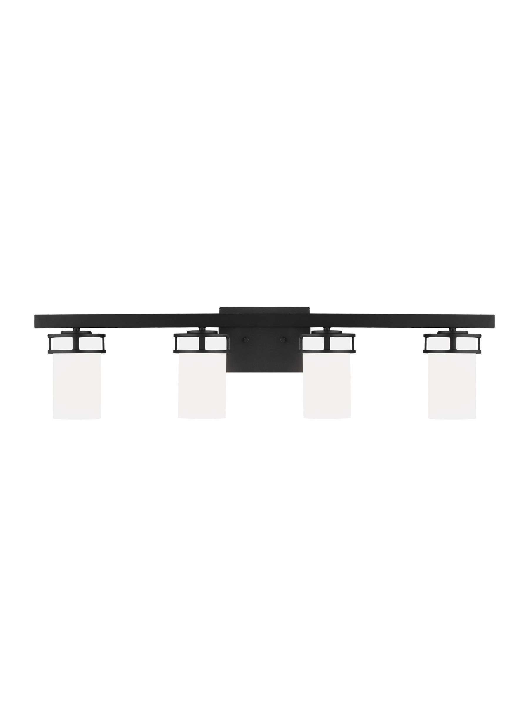 Robie 34 in. 4-Light Matte Black Transitional Rustic Wall Bathroom Vanity Light with Etched White Glass Shades
