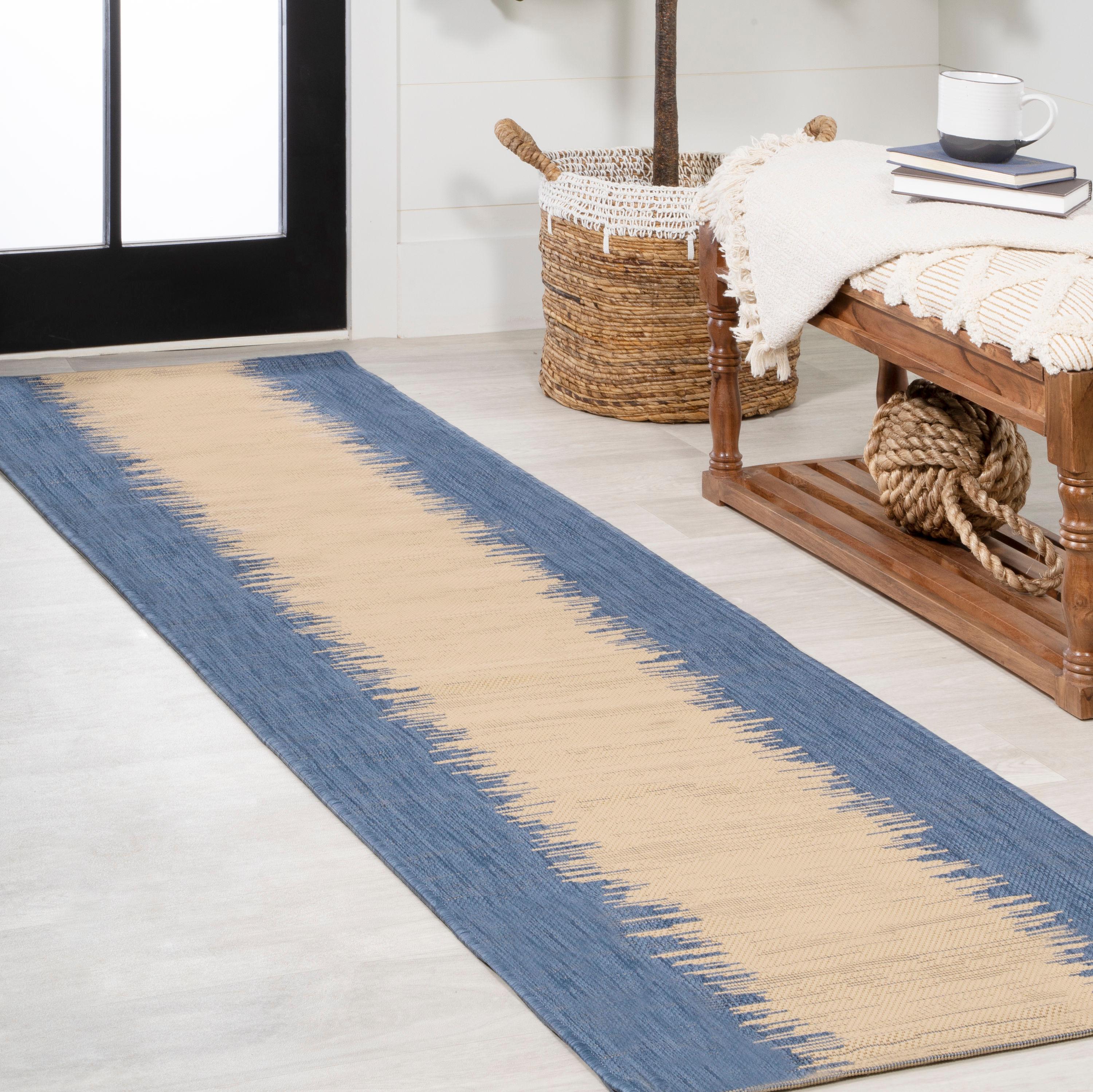 2' x 10' Tavira Modern Strie' Indoor/Outdoor Runner Rug, Blue/Beige - JONATHAN Y