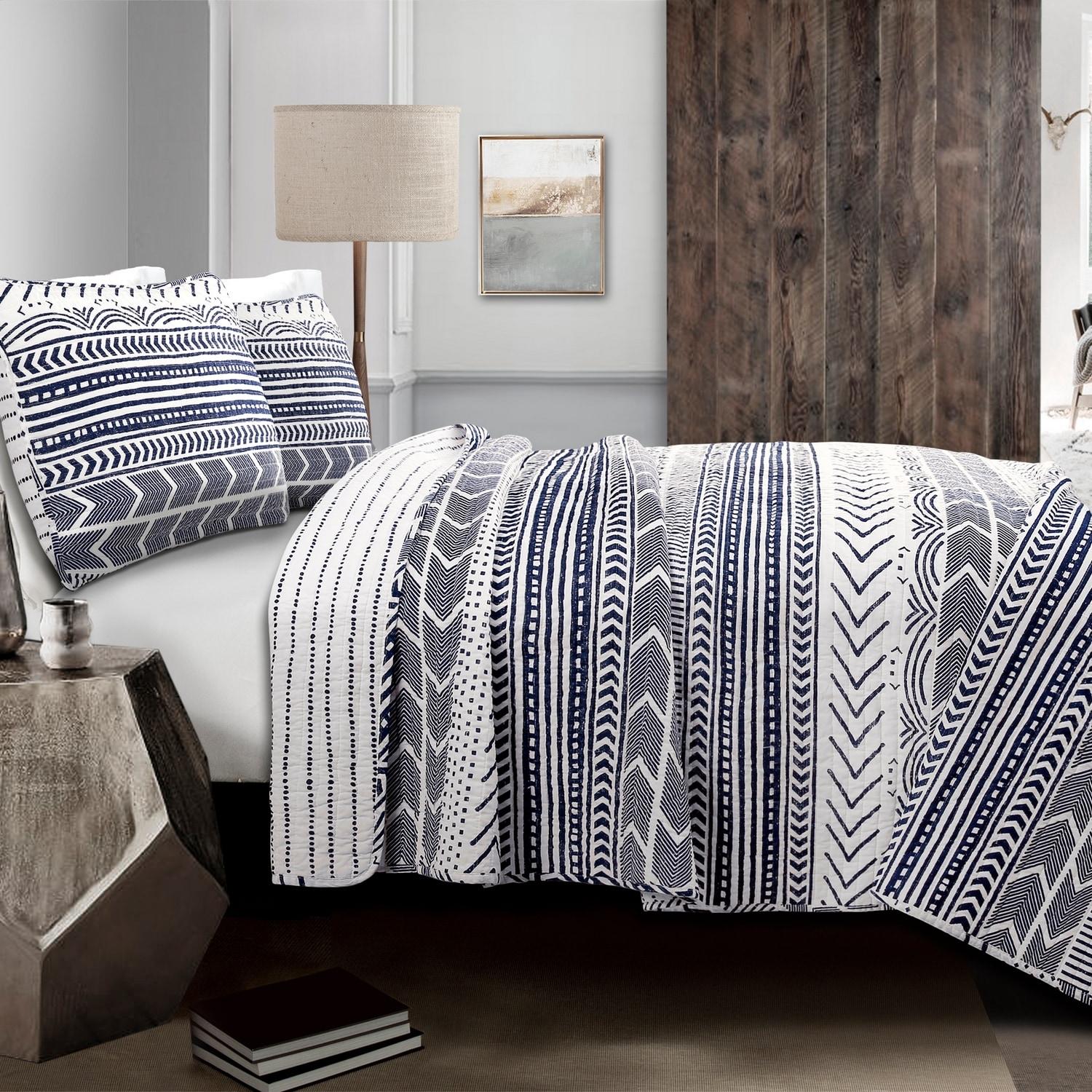 Lush Décor 3pc King Hygge Geo Reversible Quilt & Sham Set Navy/White: STANDARD 100 OEKO-TEX Certified