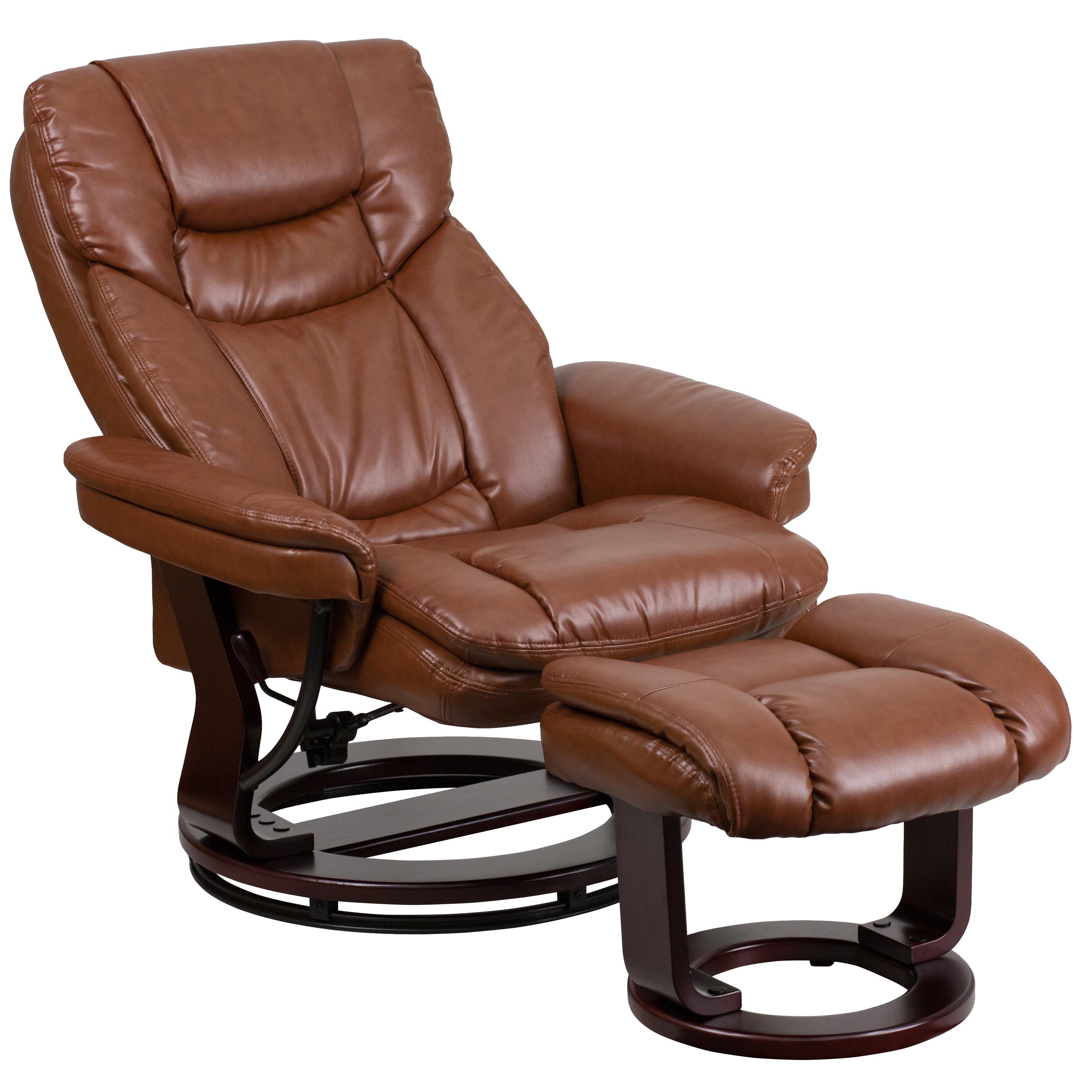 Flash Furniture Contemporary Multi-Position Recliner and Curved Ottoman with Swivel Mahogany Wood Base in Brown Vintage LeatherSoft