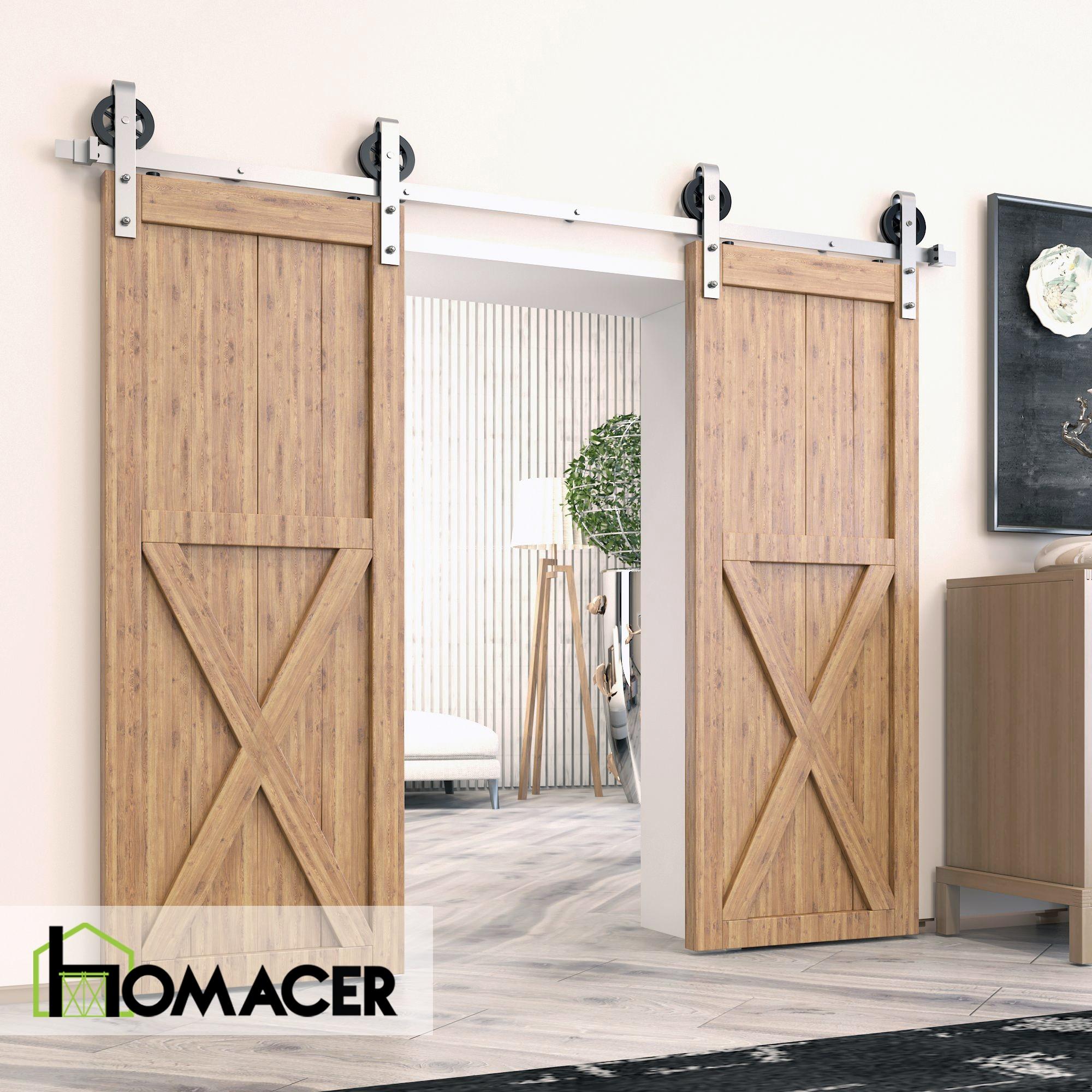 Homacer Brushed Nickel Sliding Barn Door Hardware Kit, for Two/Double Doors, 5ft Long Flat Track, Spoke Wheel Design Roller, Heavy Duty, for Interior & Exterior Use