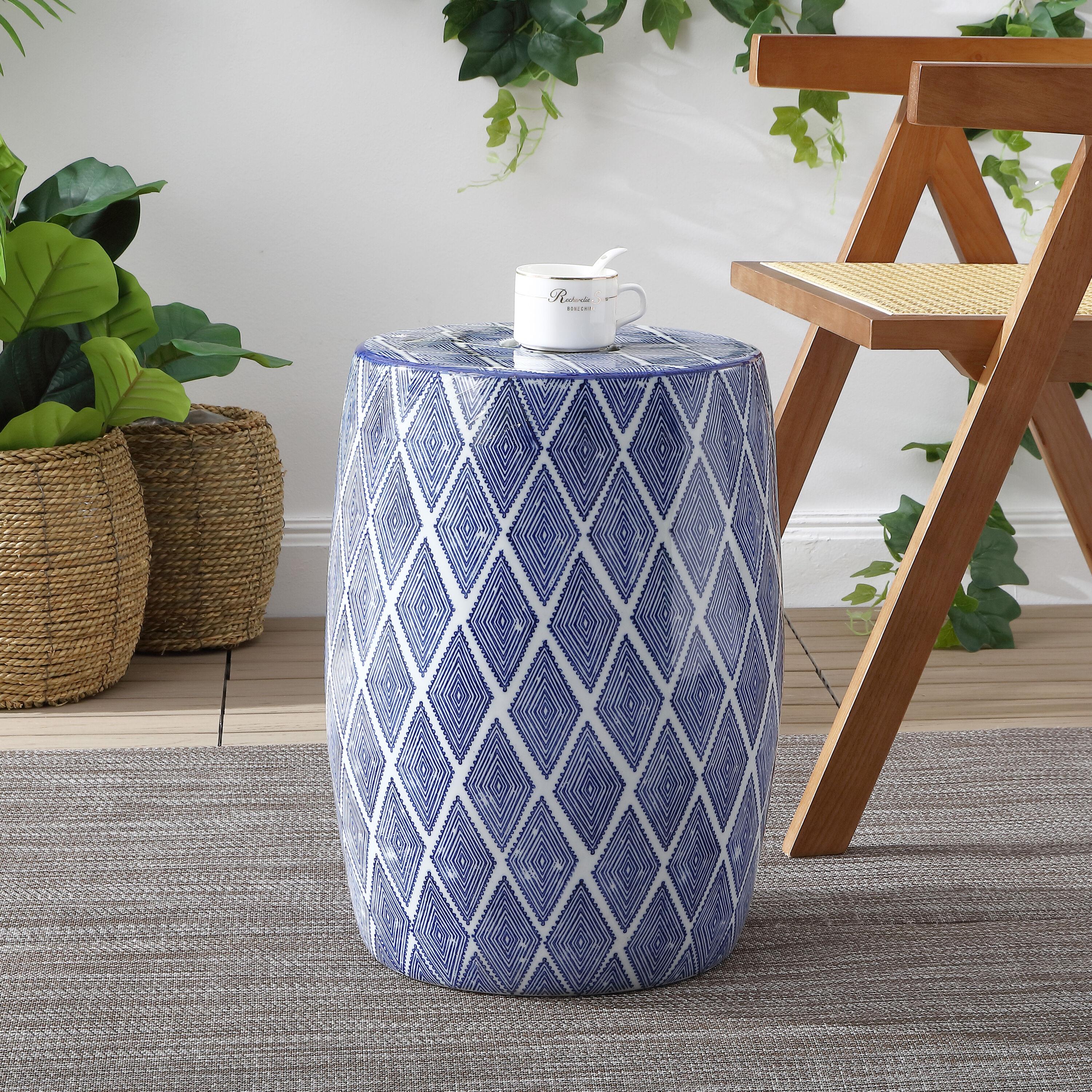 Moroccan Diamonds 18" Ceramic Drum Garden Stool, Blue/White - JONATHAN Y