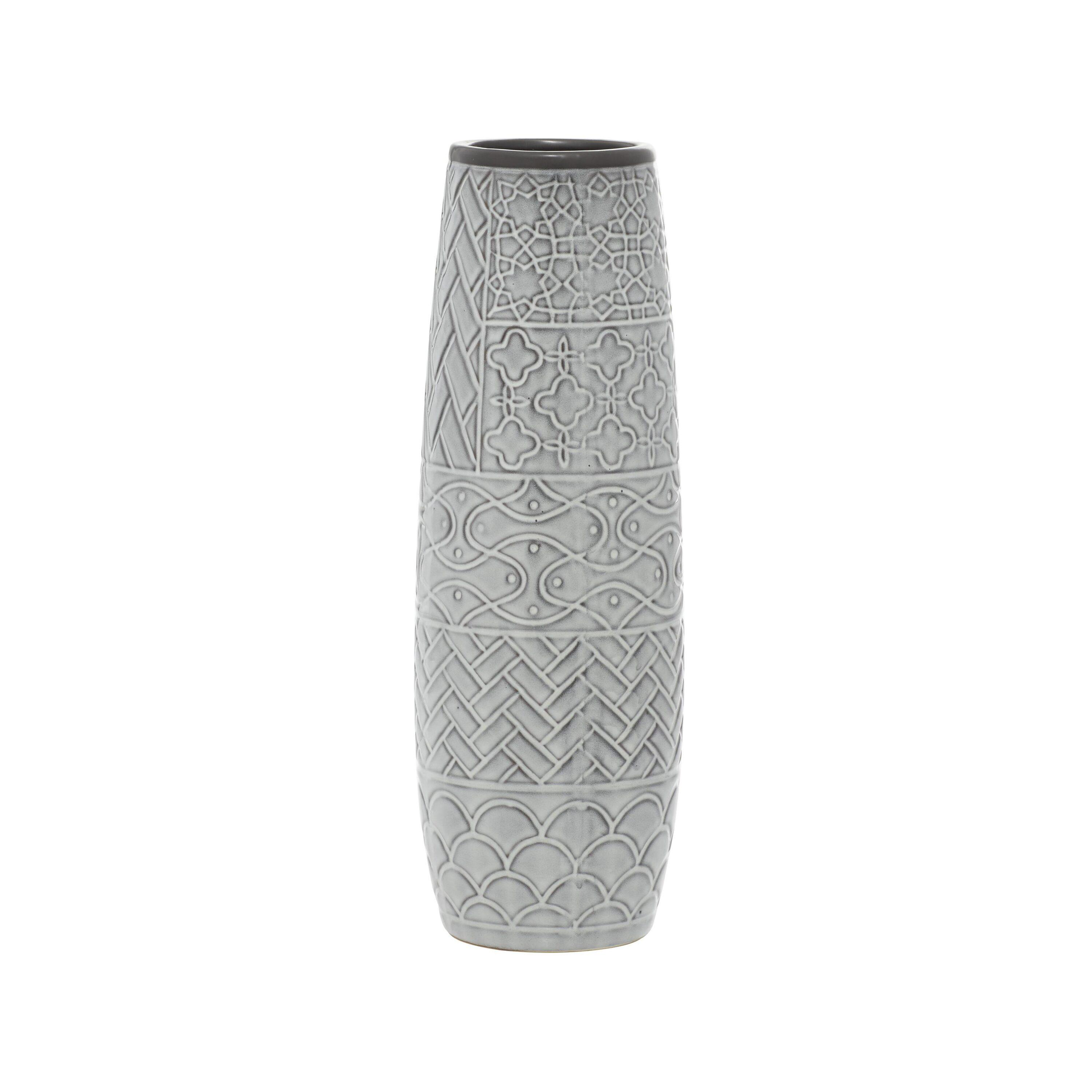 Ceramic Slim Engraved Patterned Decorative Gray Vase