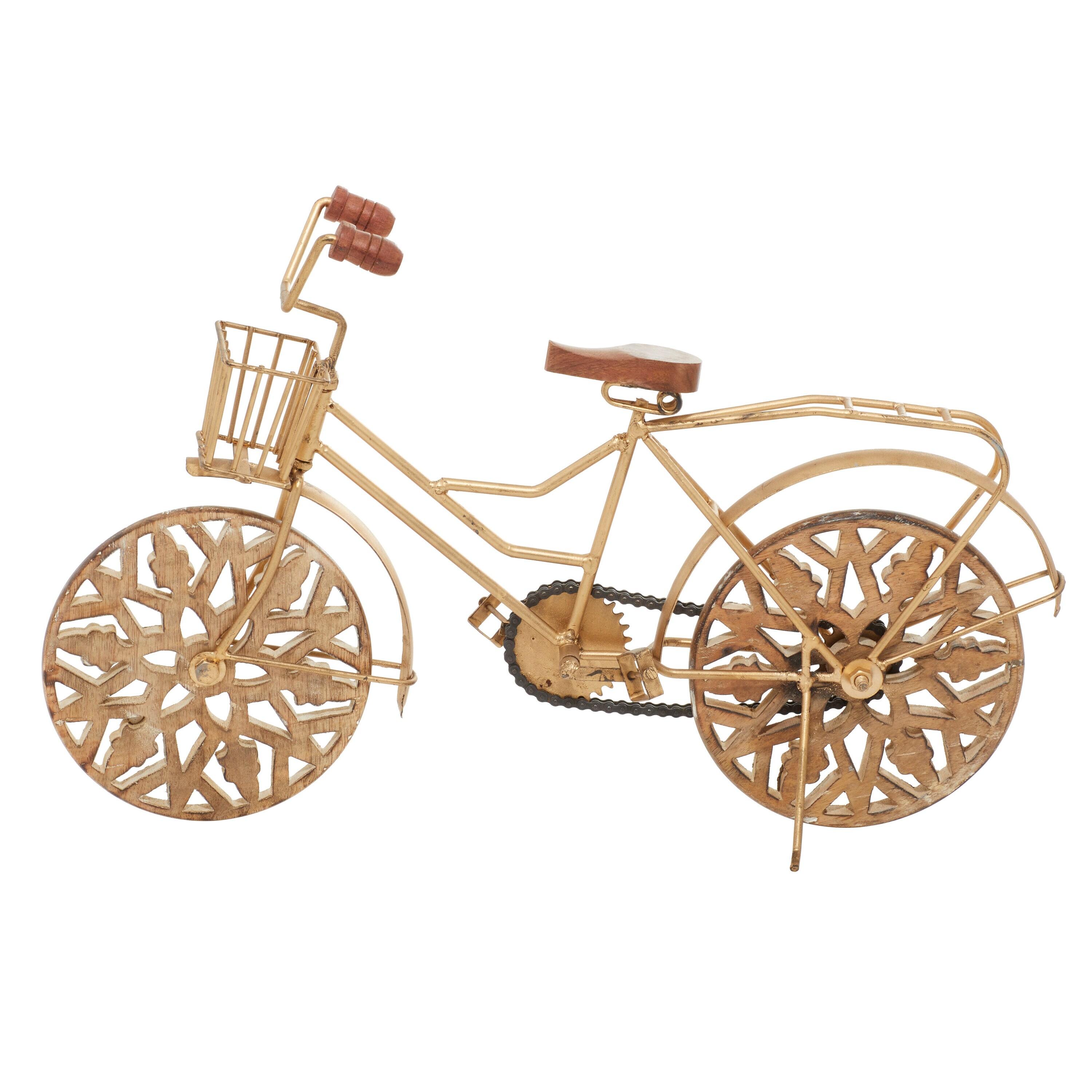 19" x 12" Gold Metal Bike Sculpture with Carved Wood Wheels, by DecMode