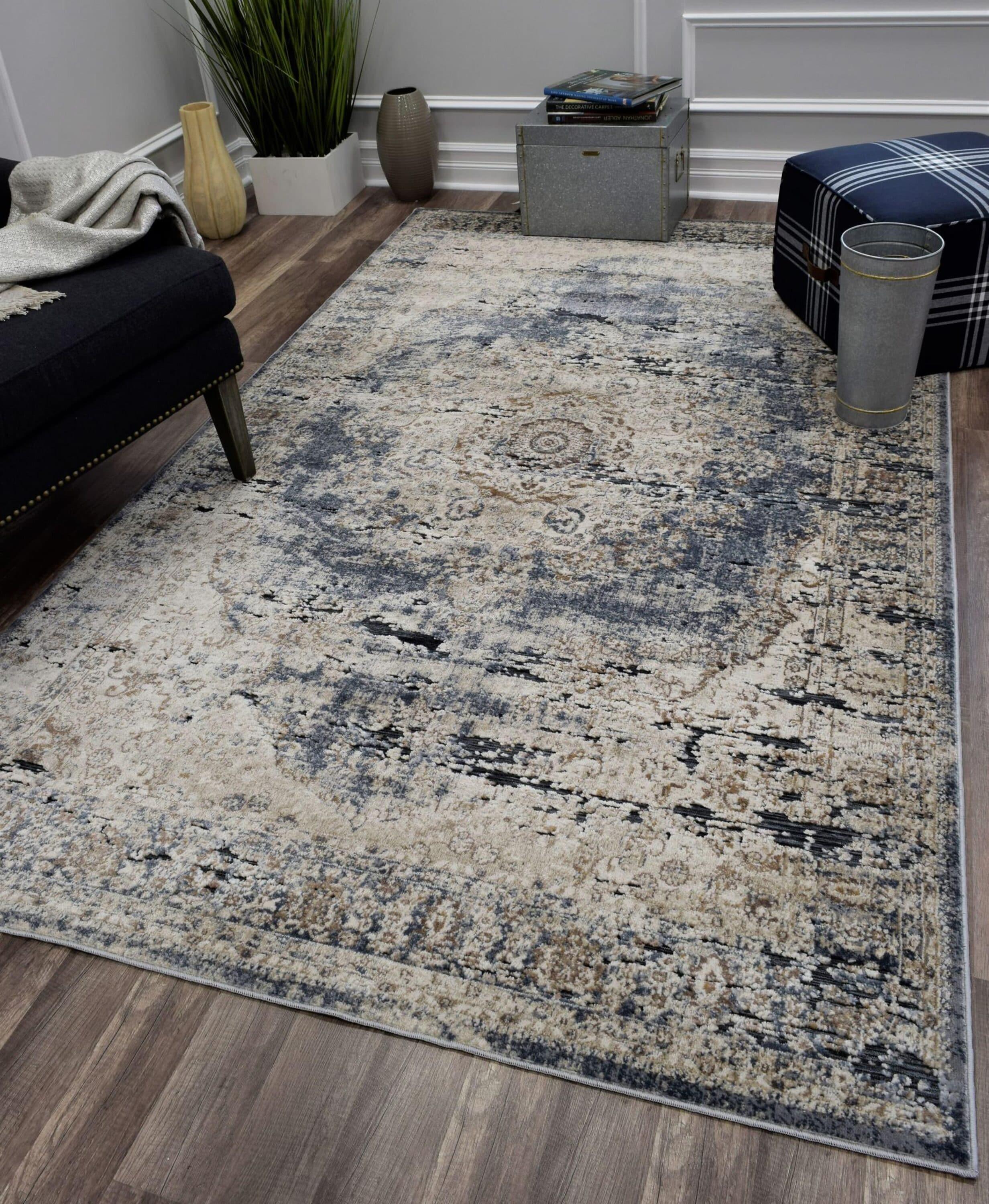 Rugs America Castle CB400A Blue Tan Abstract Transitional Blue Area Rug for Dining Room Rug Neutral Rug Living Room Rug Kitchen, 2'3"x8'