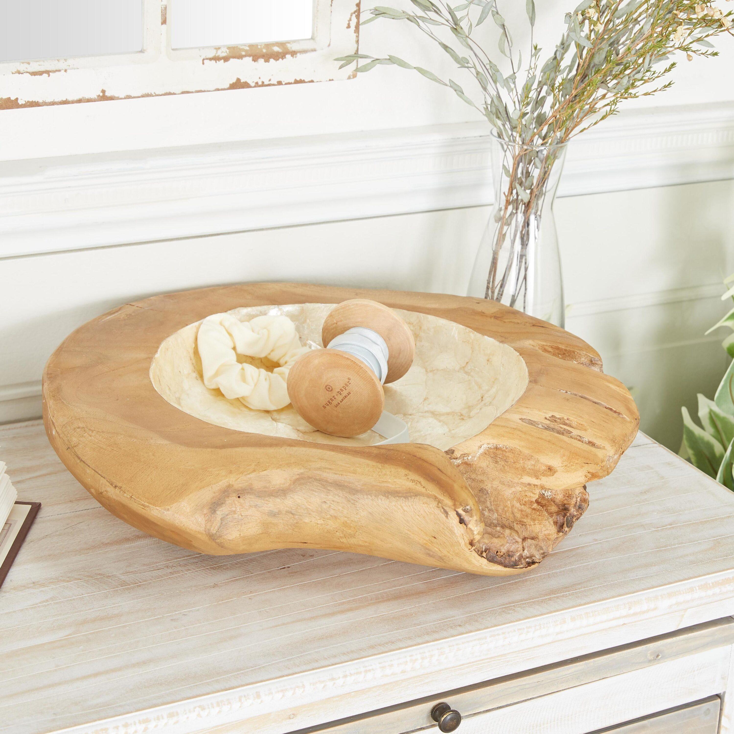 DecMode 16" Handmade Round Live Edge Free Form Brown Teak Wood Decorative Bowl with Capiz Interior