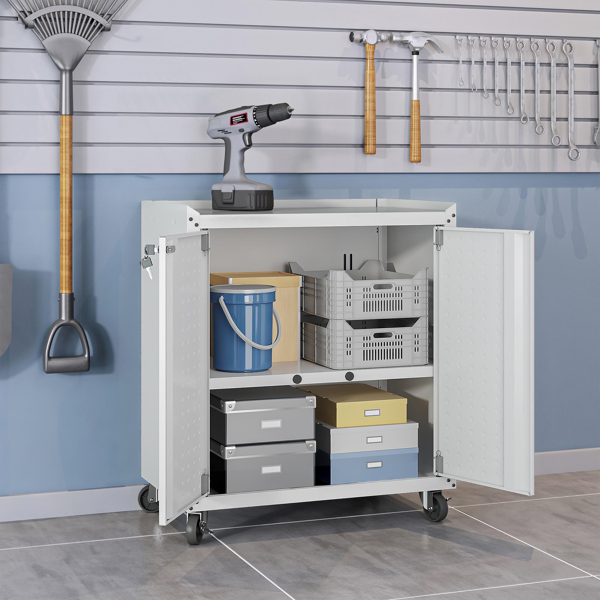 Manhattan Comfort Fortress Metal Mobile Garage Cabinet with Shelves in White