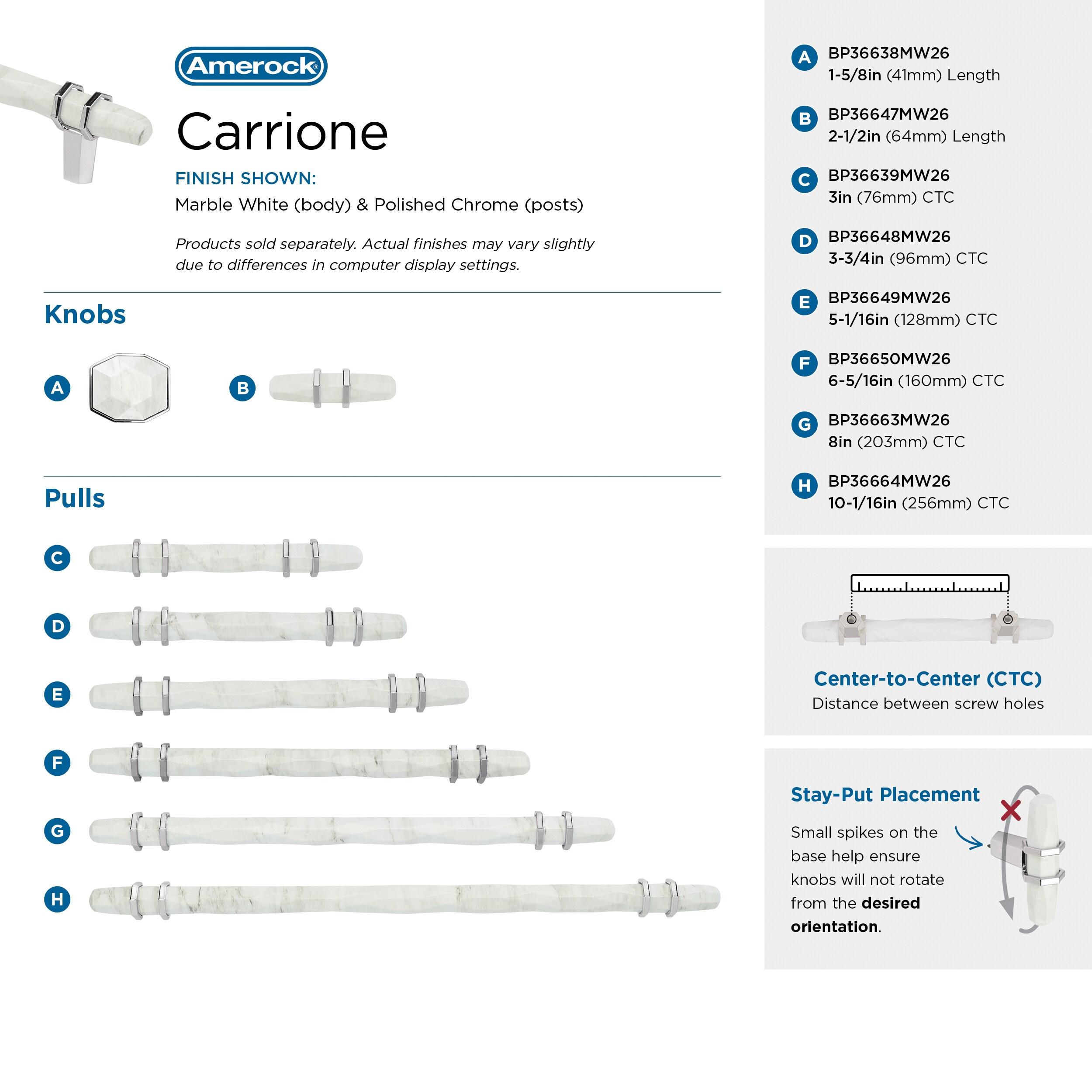 Amerock Carrione 3-3/4 inch (96mm) Center-to-Center Marble White/Polished Chrome Cabinet Pull, BP36648MW26