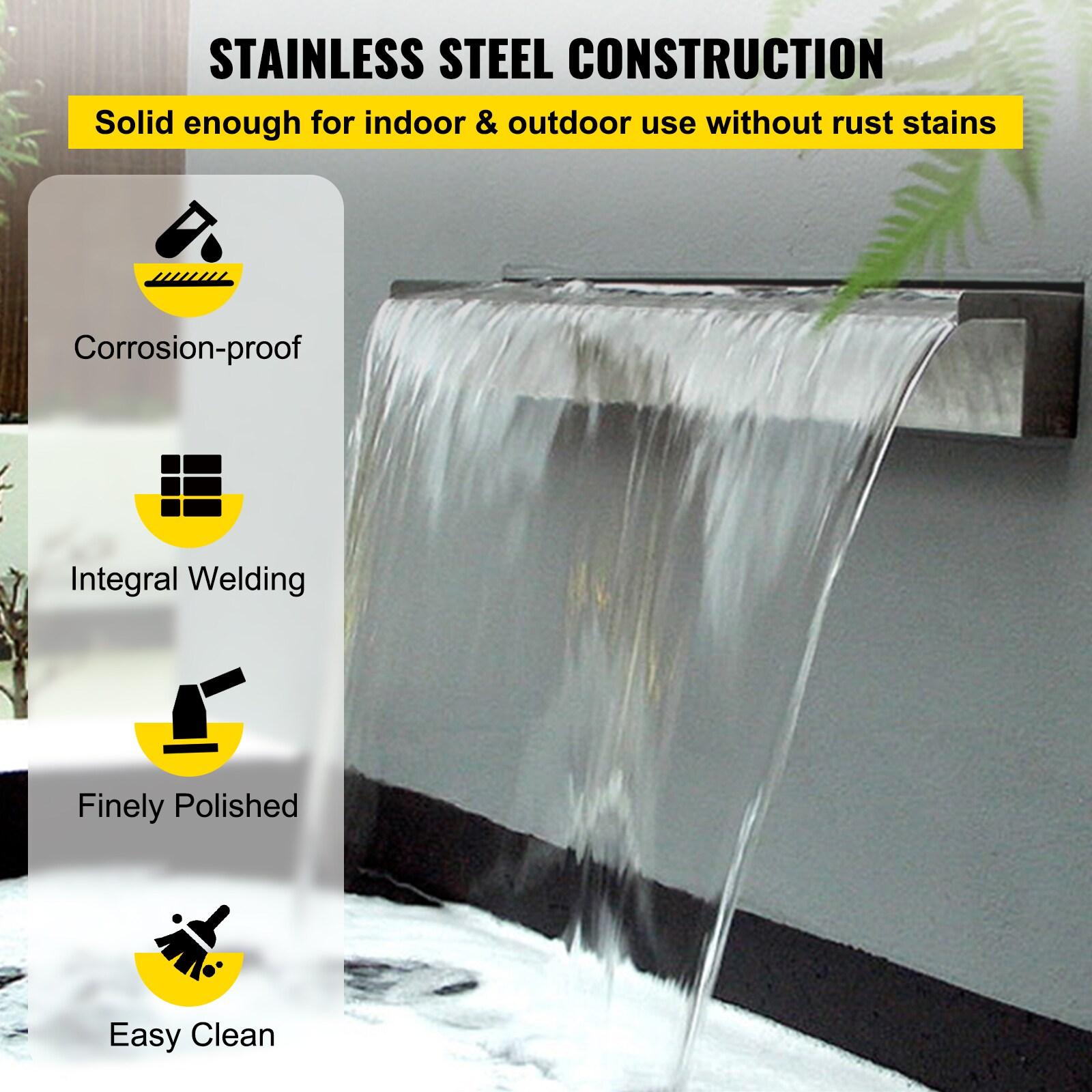 VEVOR Pool Fountain Stainless Steel Pool Waterfall Spillway with Pipe Connector Rectangular Garden Outdoor (59.1")