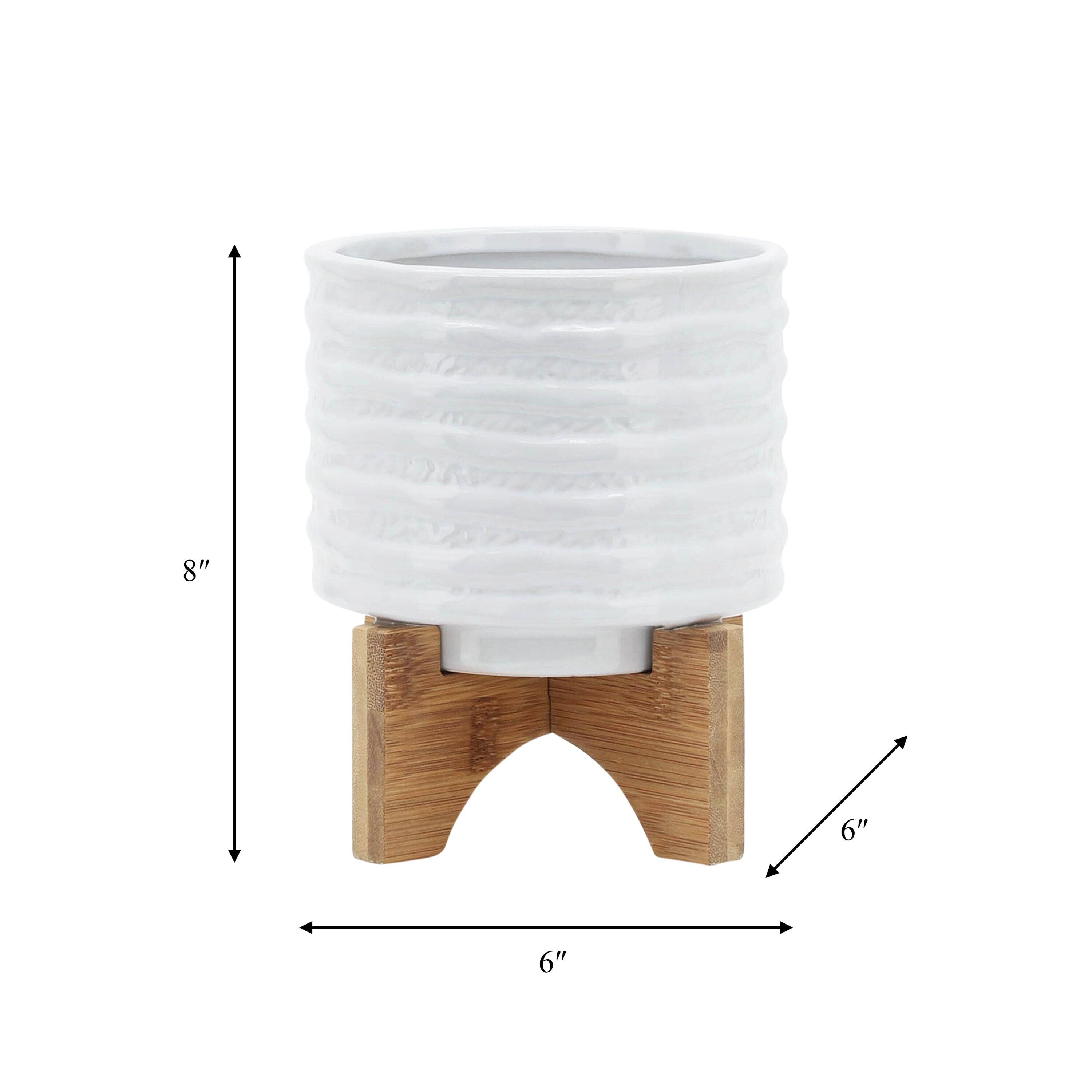 6" Ceramic Planter on Stand White Stripe - Sagebrook Home: Ridged, Wood Stand, Indoor/Outdoor Use