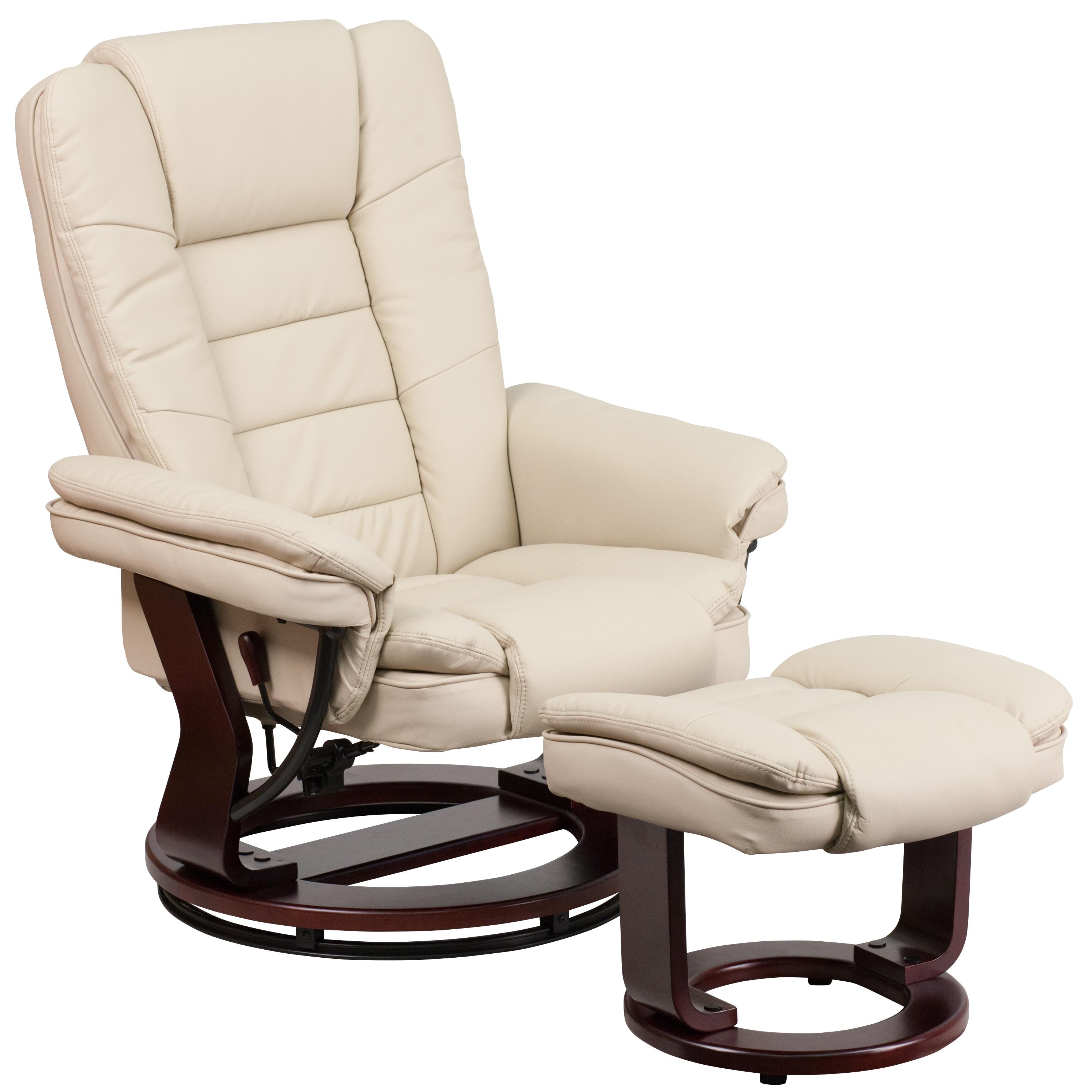 Flash Furniture Bali Contemporary Multi-Position Recliner with Horizontal Stitching and Ottoman with Swivel Mahogany Wood Base in Beige LeatherSoft