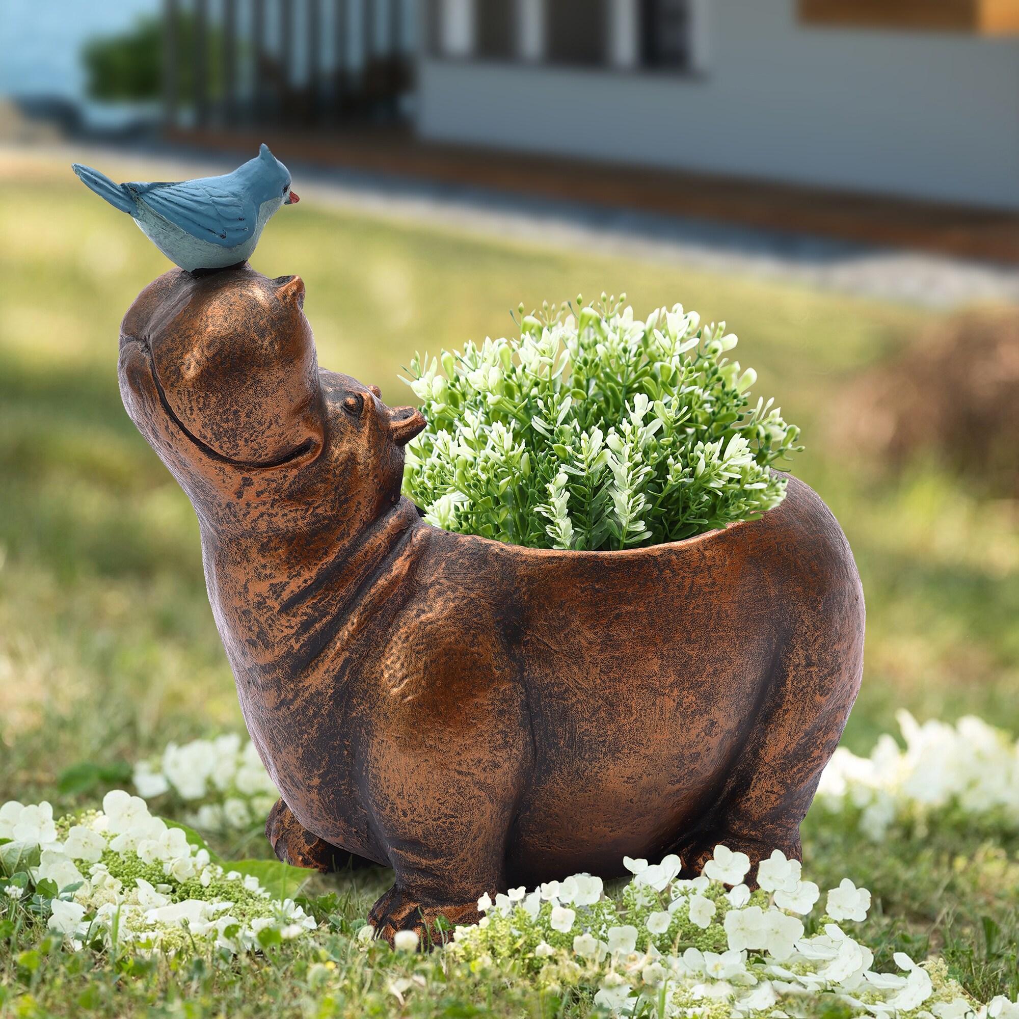 LuxenHome Brown Hippo and Blue Bird MgO Flower Pot Planter