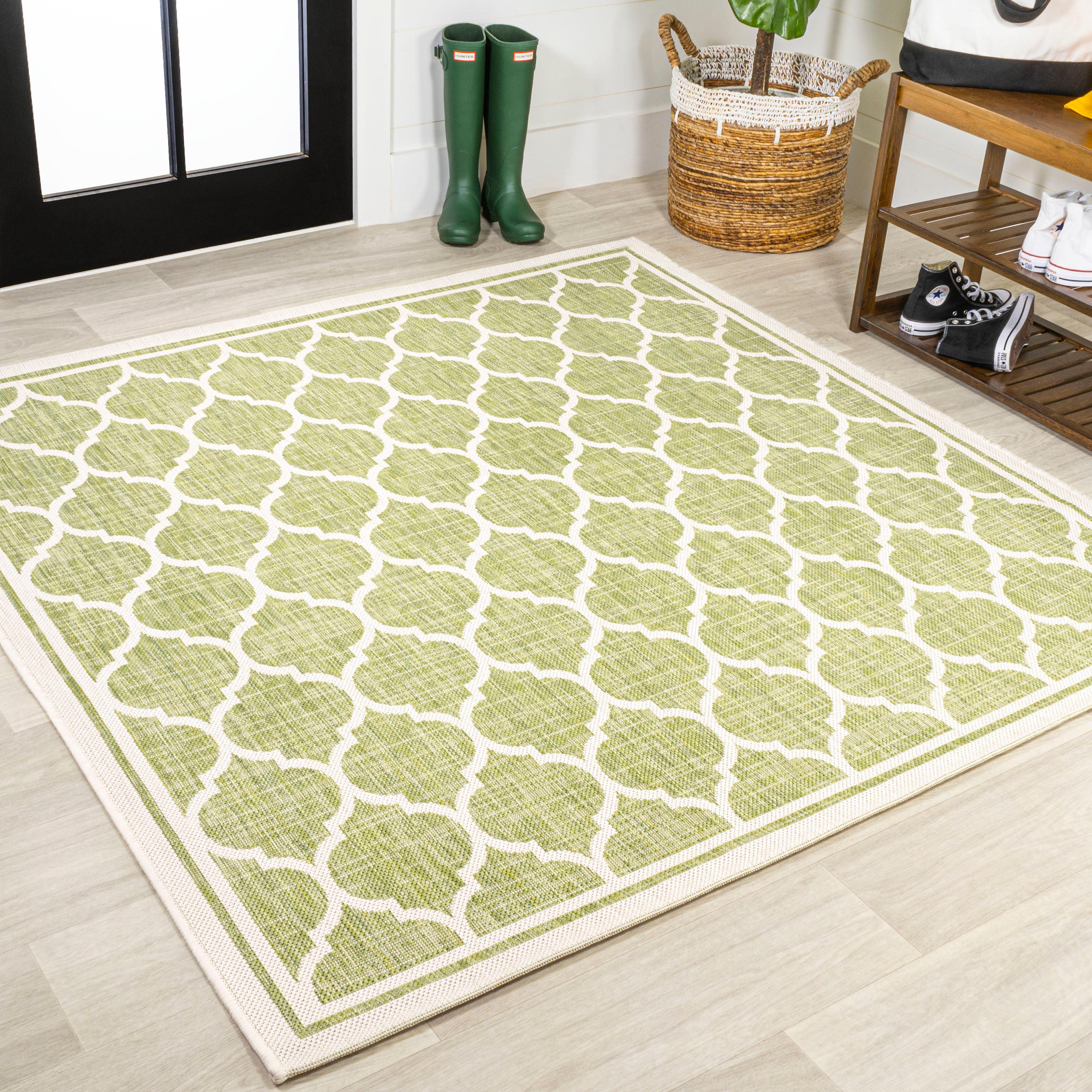 5' x 5' Trebol Moroccan Trellis Textured Weave Indoor/Outdoor Area Rug, Green/Cream - JONATHAN Y