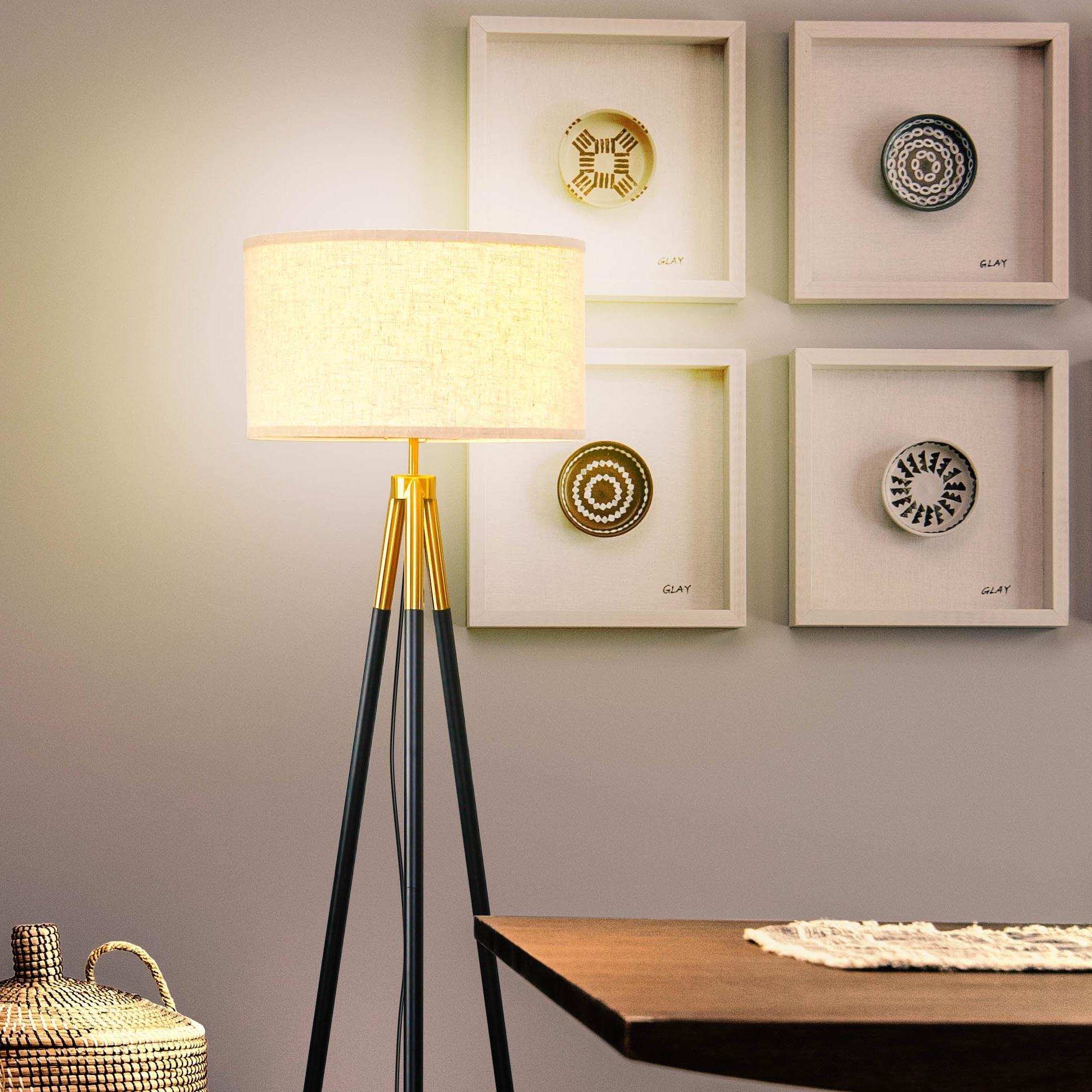 Brightech Levi 61 in. Mid Century Modern Tripod Floor Lamp with Fabric Drum Shade and Gold Finish - LED Bulb Included
