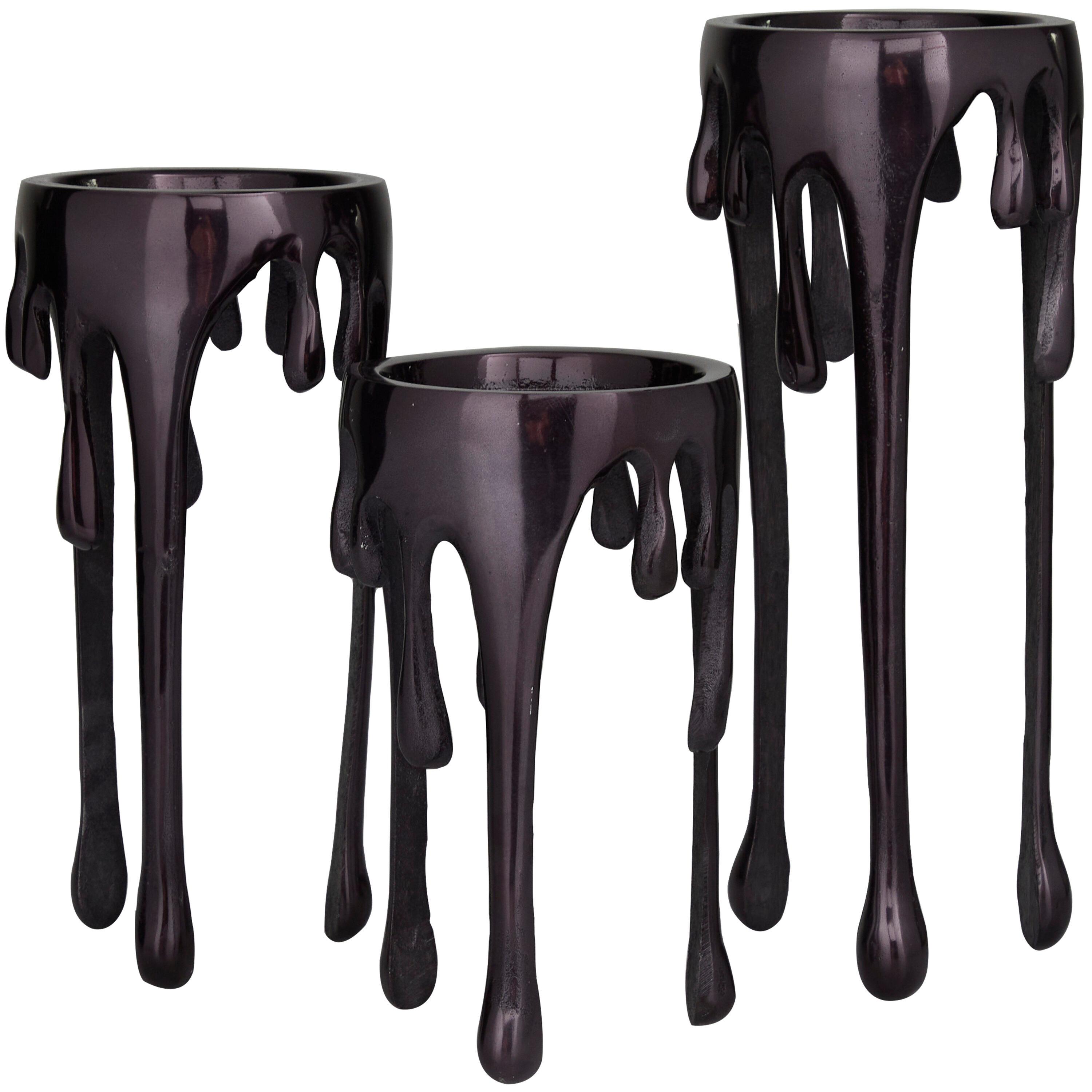 CosmoLiving by Cosmopolitan Contemporary Aluminum 3D Melting Candle Design Candle Holder, Set of 3 12" 10" 8" with Glossy Metallic Black Finish