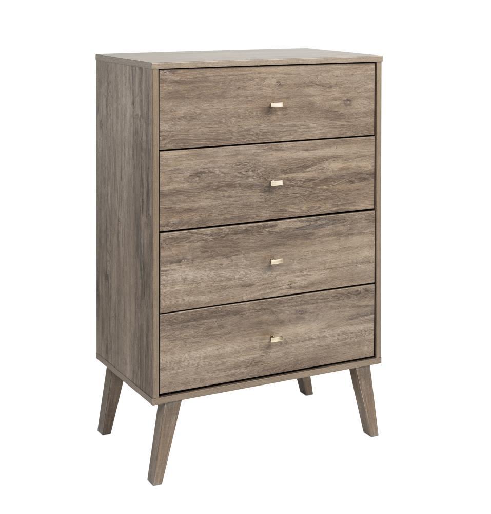 Mid-Century Modern 4 Drawer Chest Drifted Gray - Prepac: Sleek Bedroom Storage, Brass Knobs
