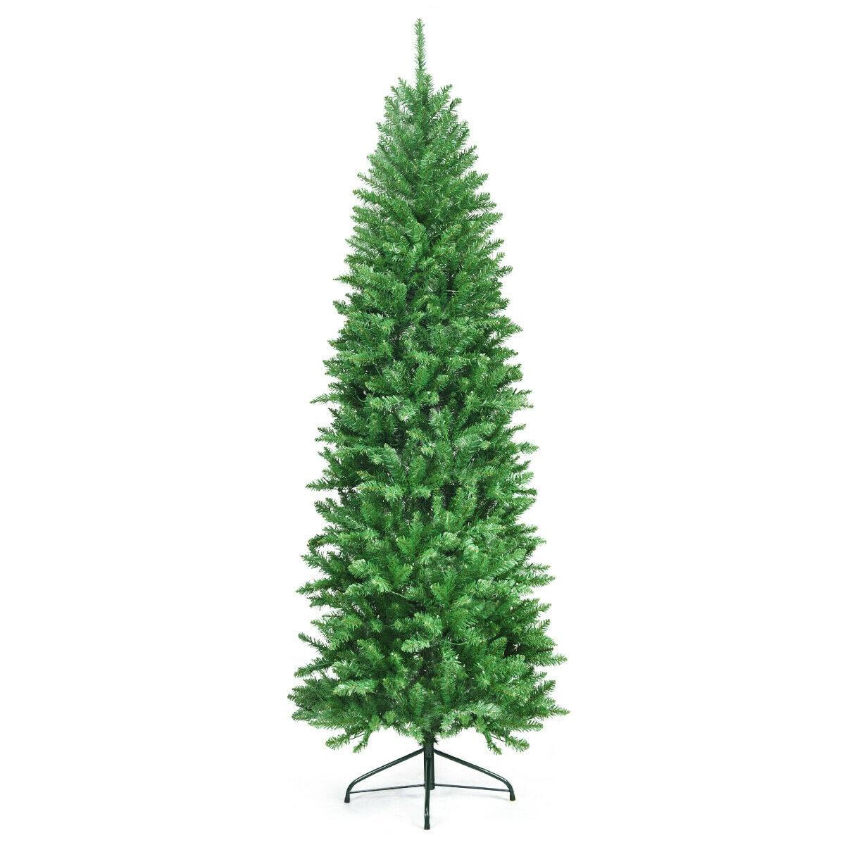 Costway 7Ft Pre-lit Artificial Pencil Christmas Tree Hinged Fir PVC Tree with 350 LED Lights