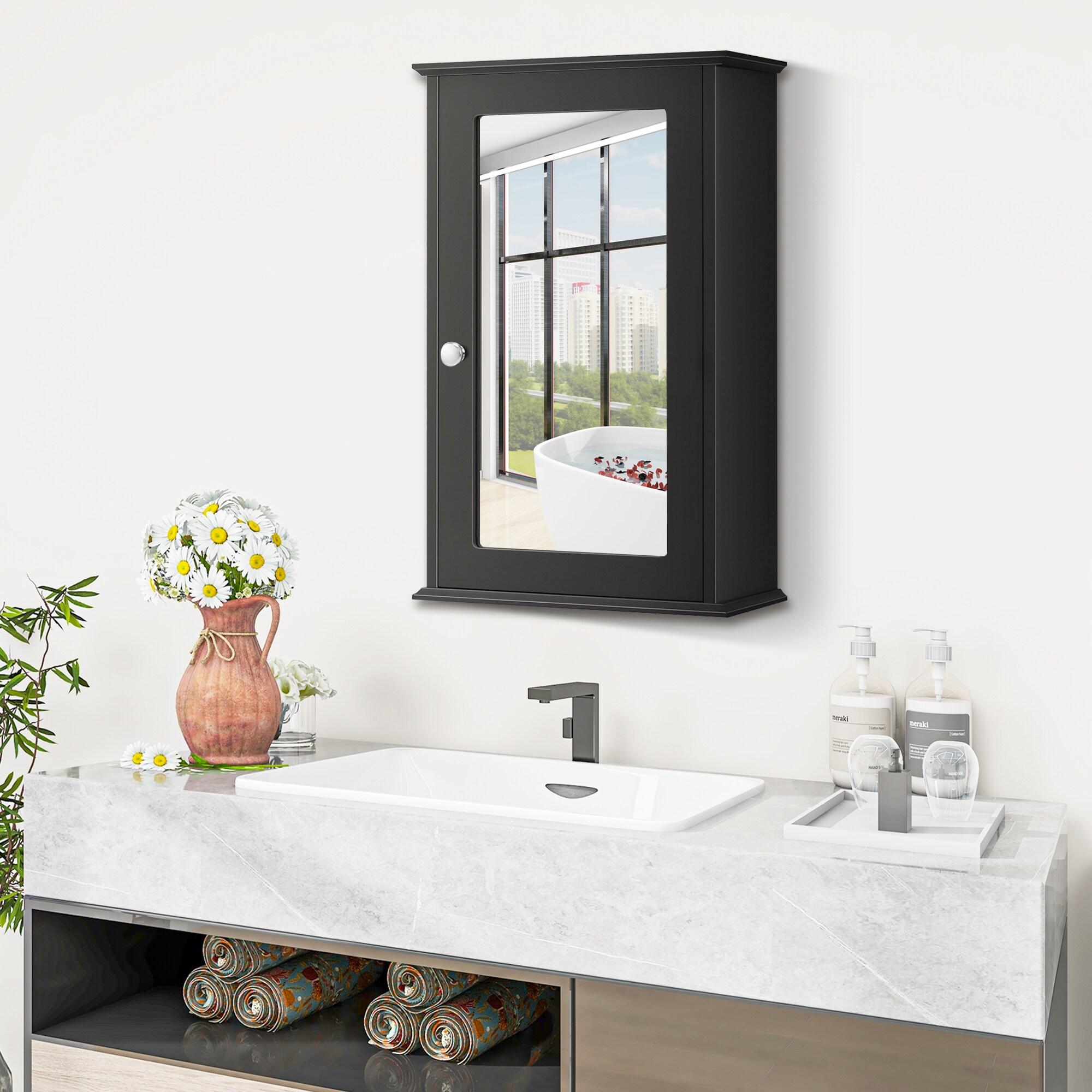 Costway Bathroom Wall Cabinet Single Mirror Door Cupboard Storage Wood Shelf Brown