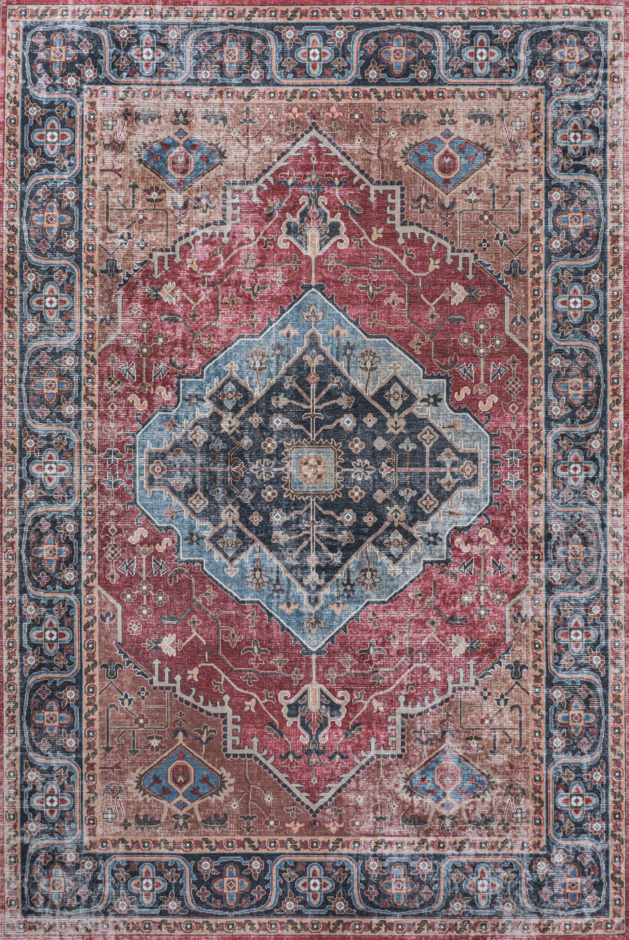 Alacati Ogee Medallion Machine-Washable Red/Blue/Brown 3 ft. x 5 ft. Area Rug - JONATHAN Y