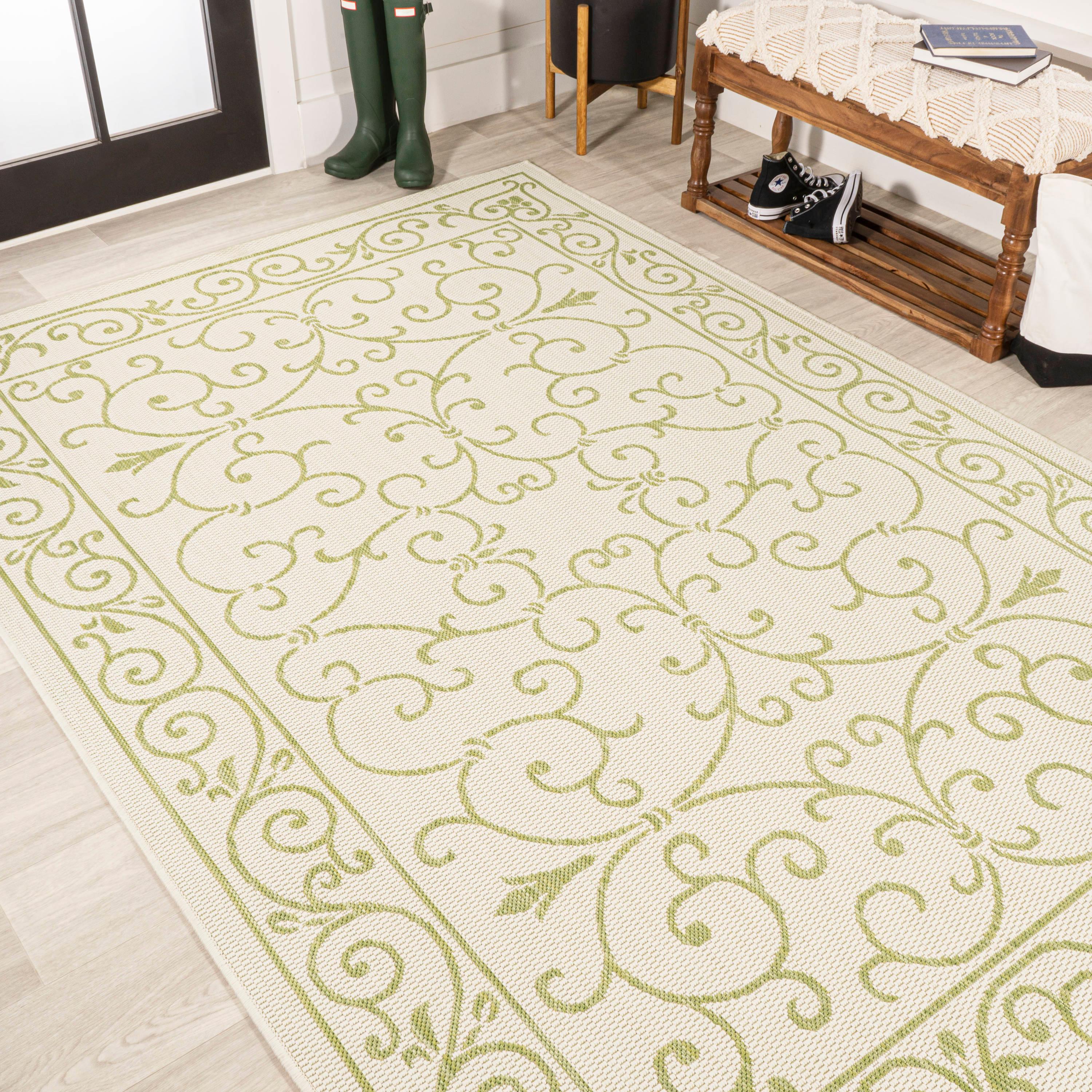 9' x 12' Charleston Vintage Filigree Textured Weave Indoor/Outdoor Area Rug, Cream/Green - JONATHAN Y
