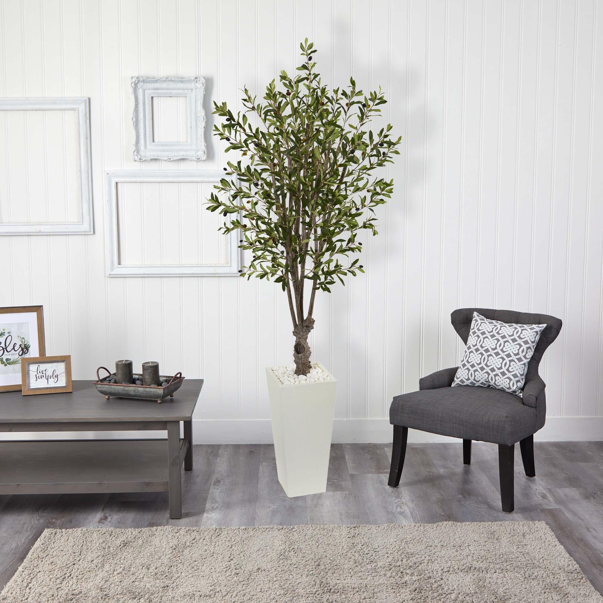 Nearly Natural 6-ft Olive Artificial Tree in White Tower Planter