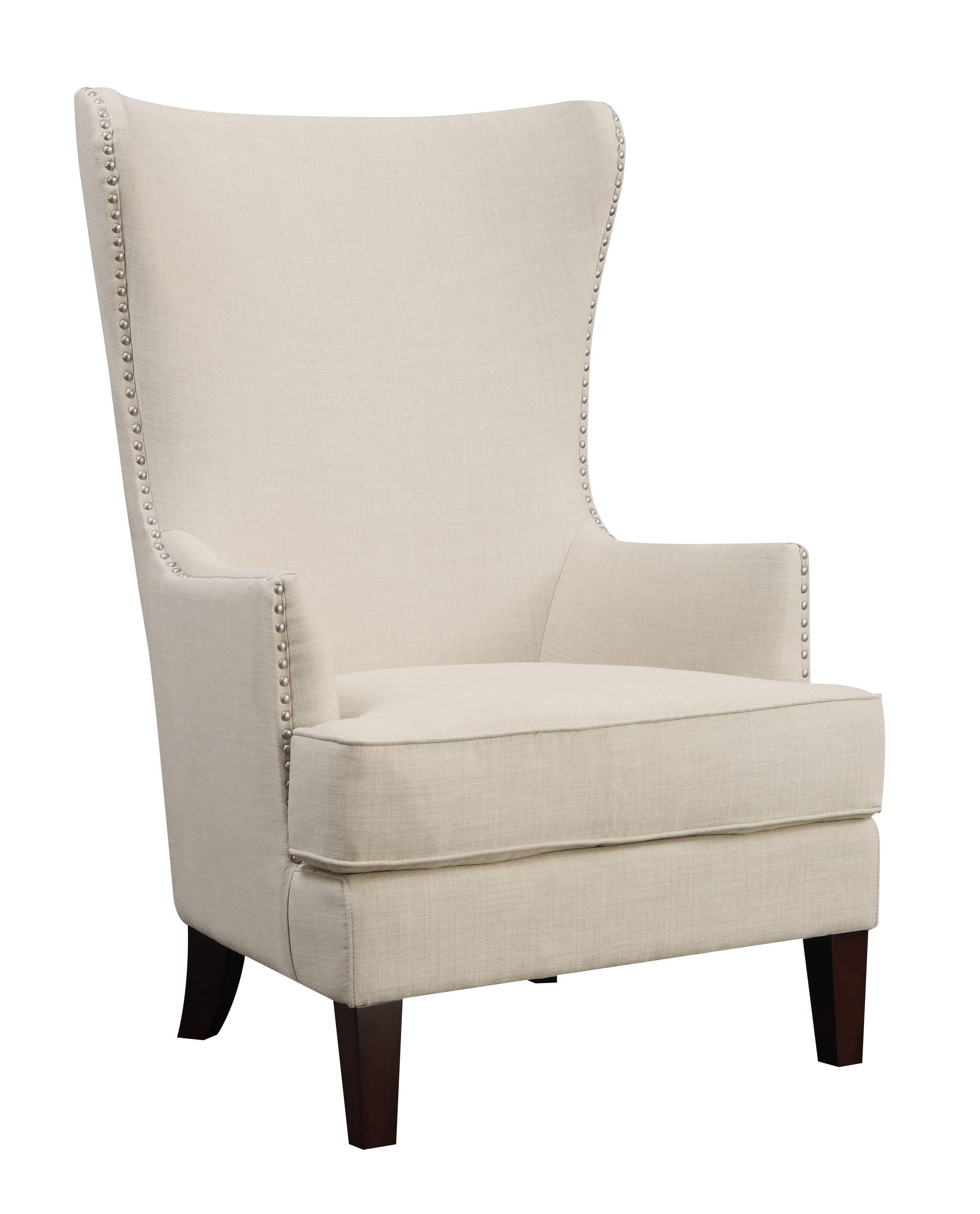 Karson High Back Upholstered Chair Natural: Picket House Furnishings, Espresso Legs, Studded Trim