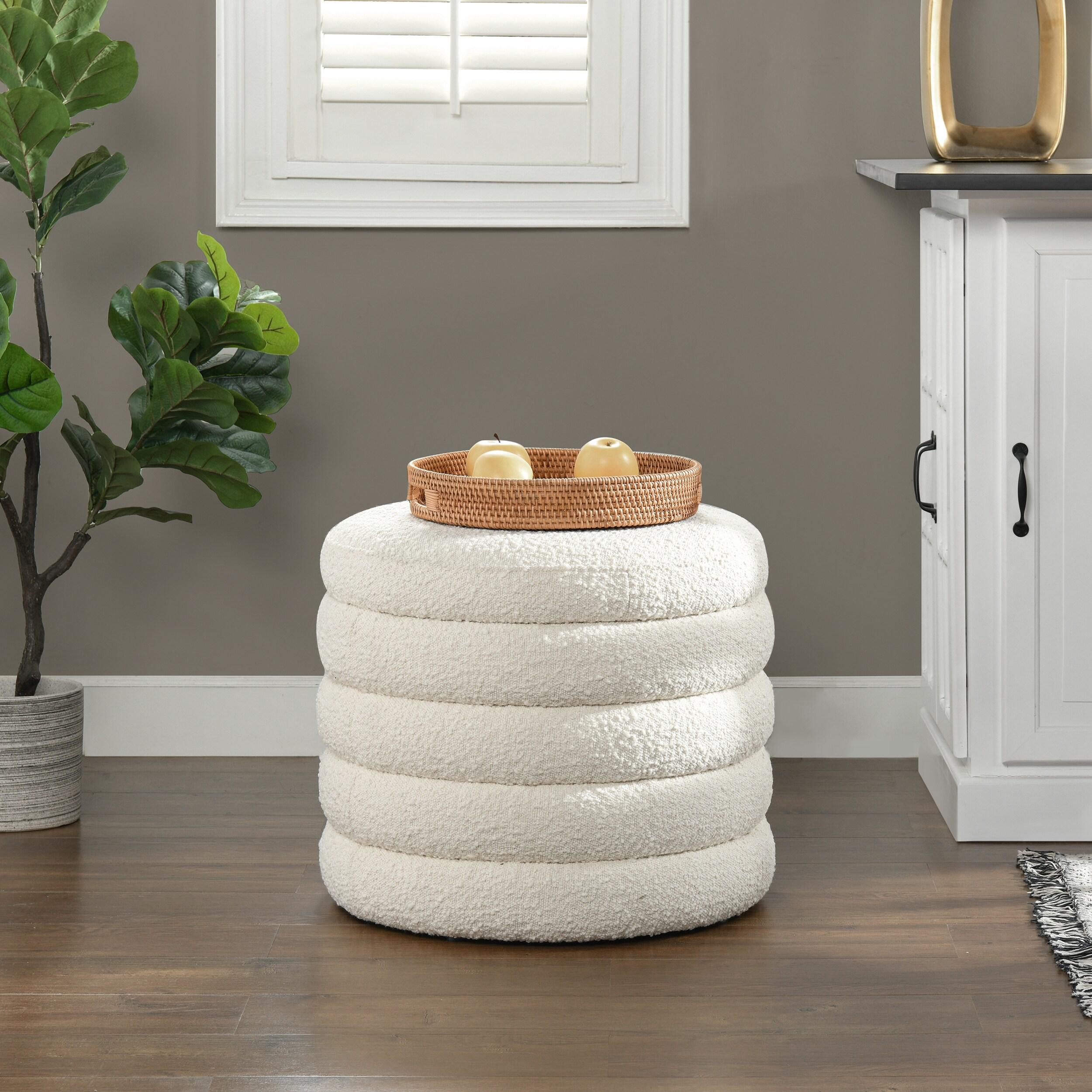 NicBex Modern 19" Round Storage Ottoman Wood Footstools with Boucle Fabric for Bedroom and Living Room, White