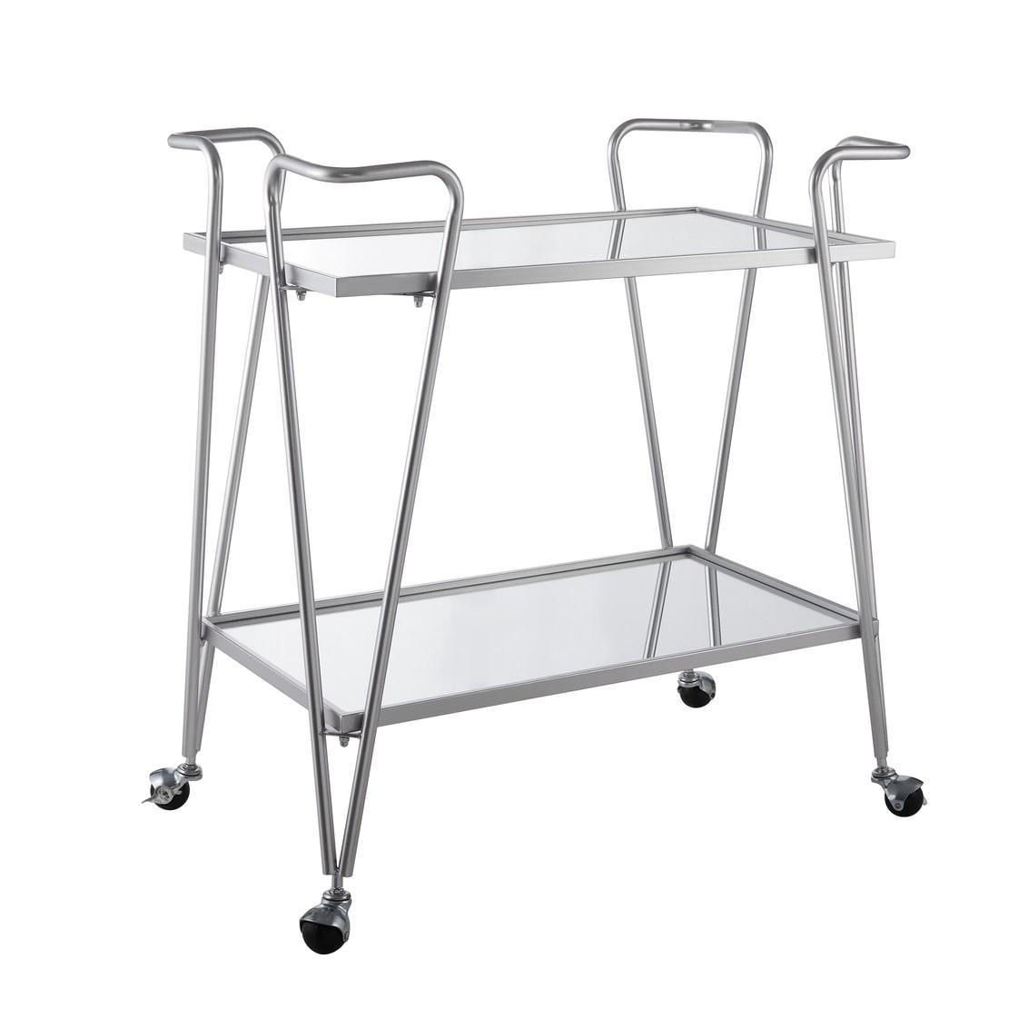 Mid-Century Modern Metal Frame 2 Mirrored Spacious Glass Shelves Locking Wheels Bar Cart Silver - Linon