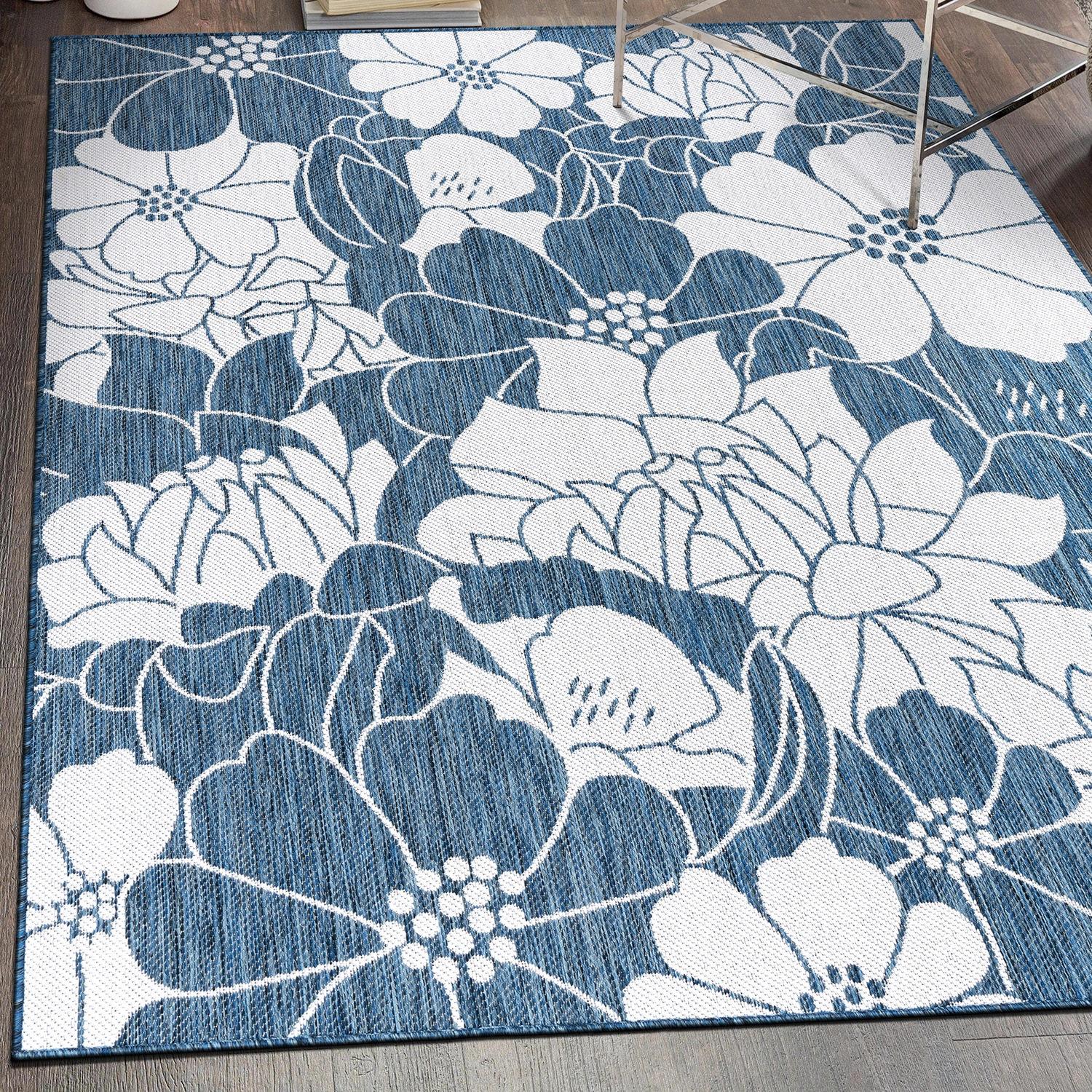 World Rug Gallery Modern Floral Flowers Textured Flat Weave Indoor/Outdoor Area Rug - NAVY 5' X 7'