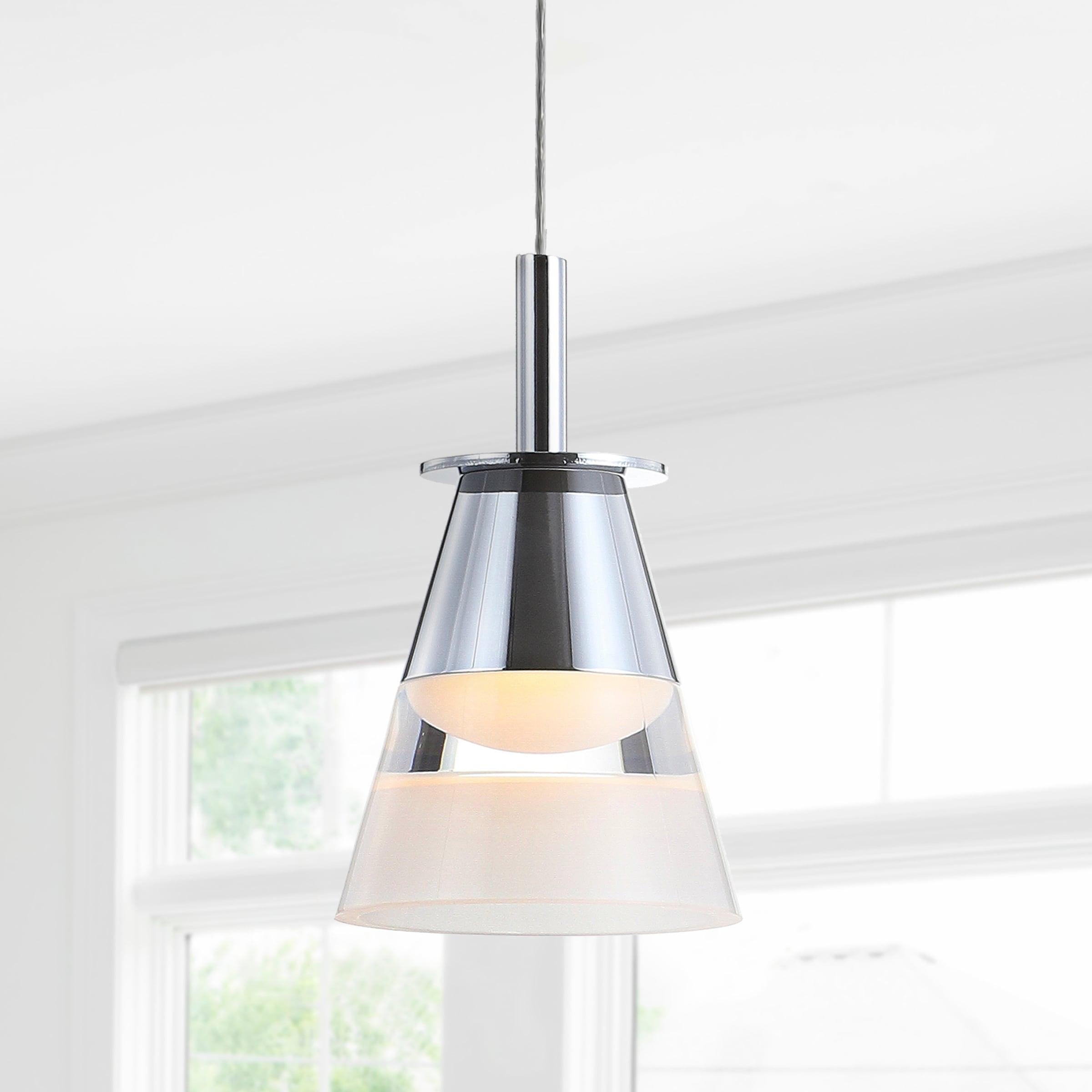 JONATHAN  Y Alain 5" Adjustable Cascading Metal Integrated Cluster Glam Chrome/White Transitional Cone Integrated LED Mini Hanging Pendant light