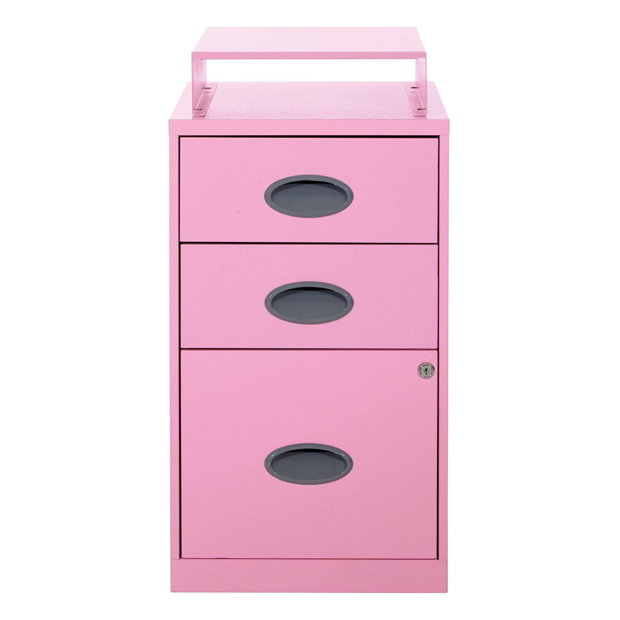 OSP Home Furnishings 3-Drawer Lockable Metal File Cabinet, Pink