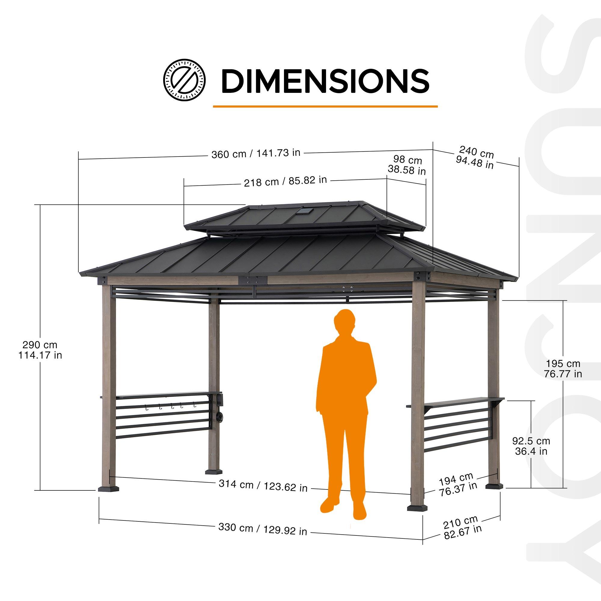 Sunjoy Sunjoy Wooden Grill Gazebo with Solar Power, 8 x 12 ft. Hardtop Gazebo for Year-Round Grilling, Outdoor Cedar Frame Cooking Shelter with Decorative Fence for Backyard BBQs Party