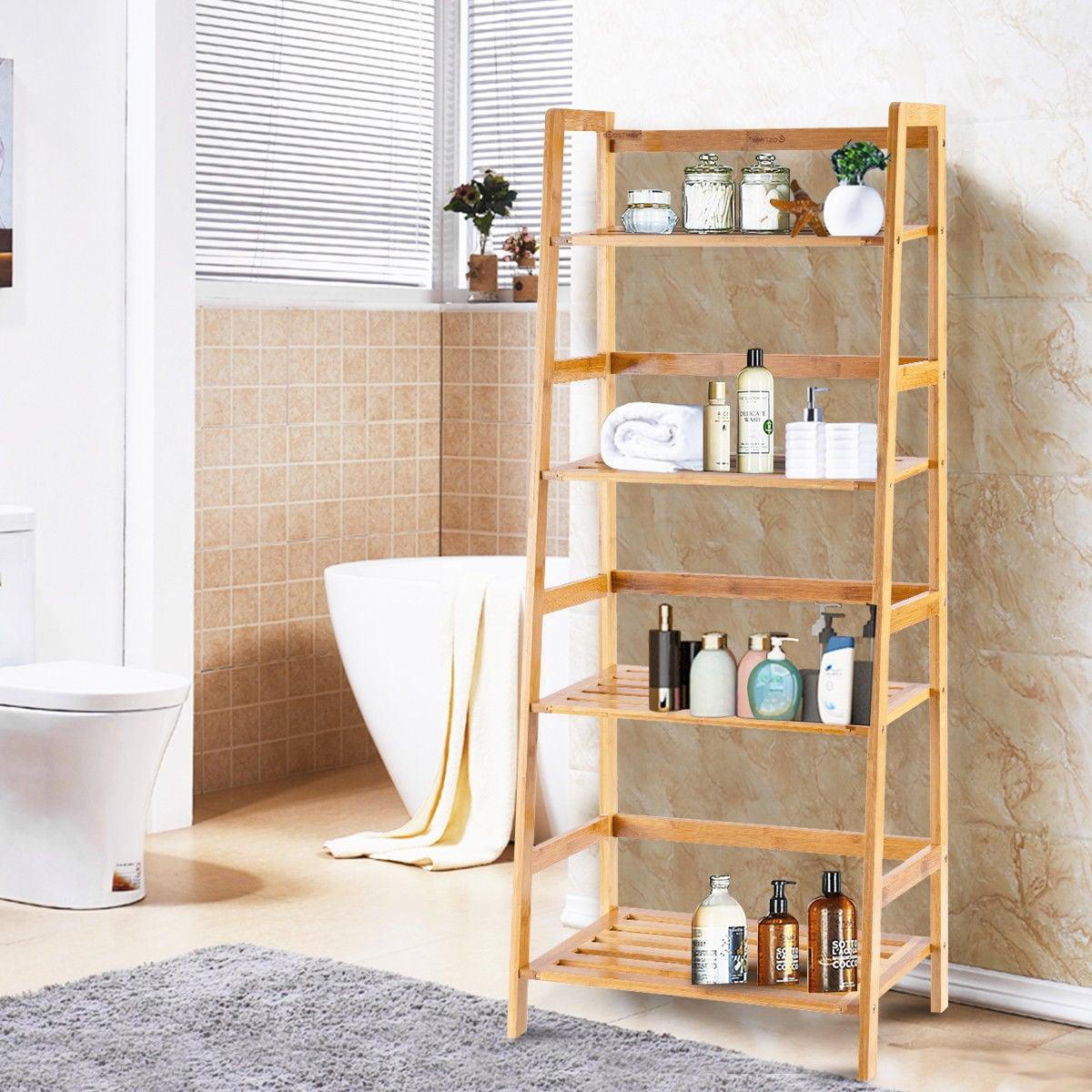 Costway Multifunctional 4 Shelf Bamboo Bookcase Ladder Plant Flower Stand Rack Storage