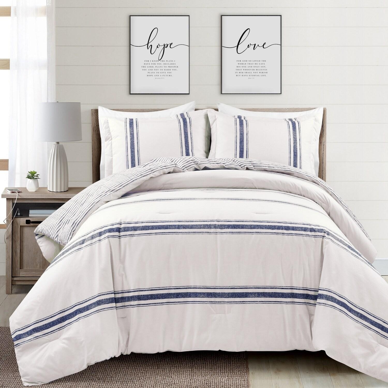 Lush Décor 3pc California King Farmhouse Stripe Reversible Oversized Comforter Set Navy Blue: Machine Washable, OEKO-TEX Certified