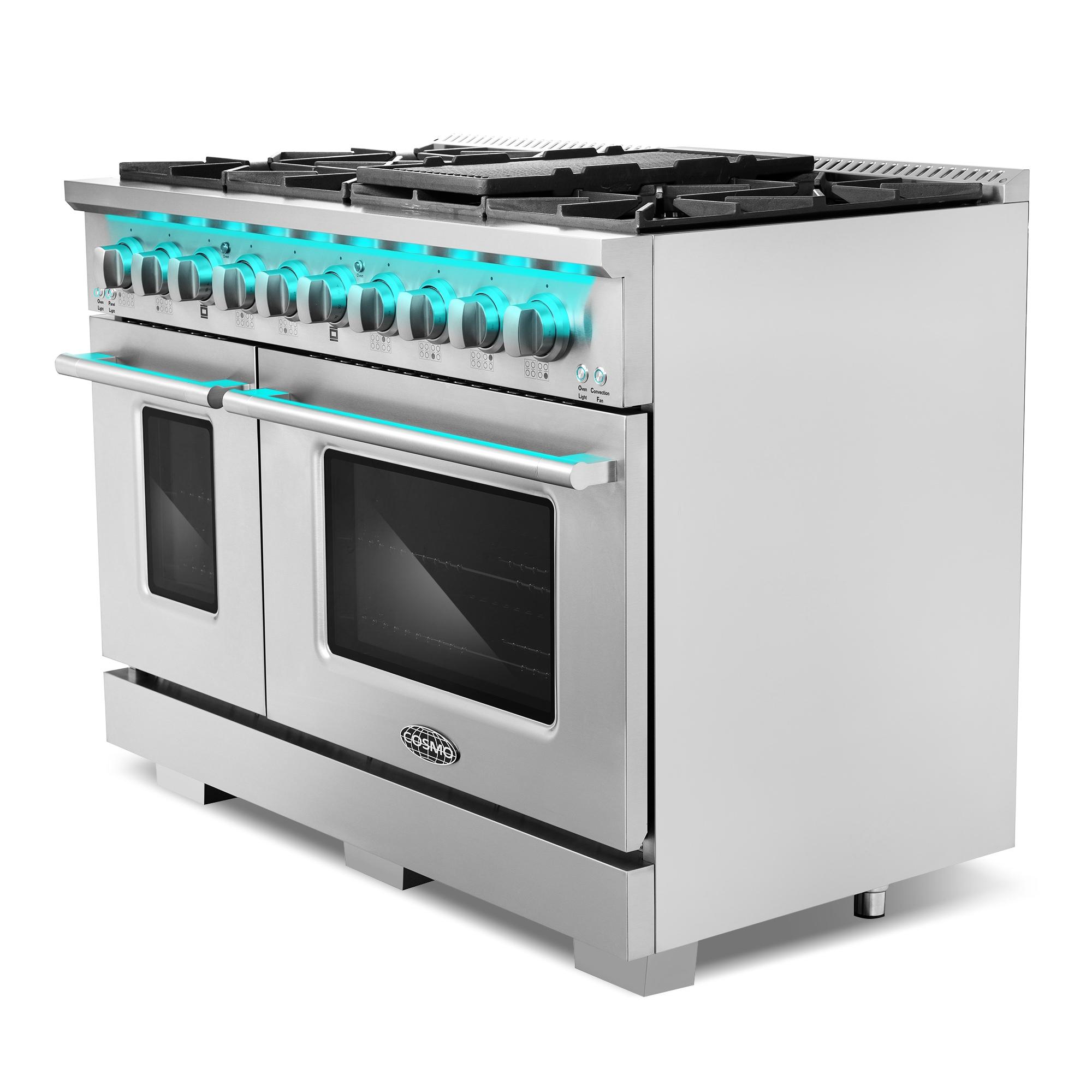Cosmo COS-DFRP488K Cosmo 48 In. Lumin Collection 5.5 Cu. Ft. Double Oven Dual Fuel Range With 8 Burners, Cast Iron Grates In Stainless Steel