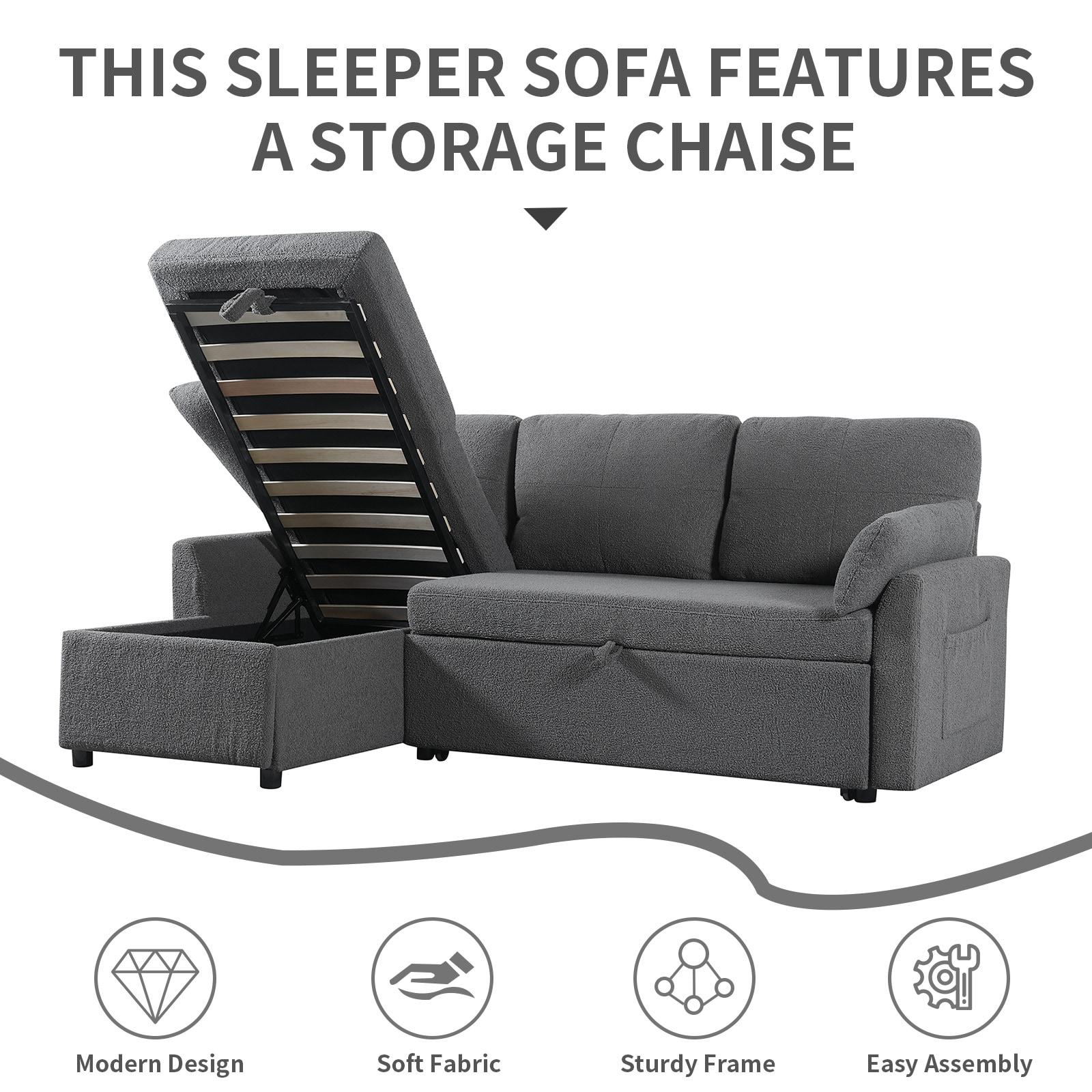 84.2" Sleeper Sofa Bed,Pull Out Sofa Bed with Storage Chaise L Shape Sectional Sofa Bed in Gray