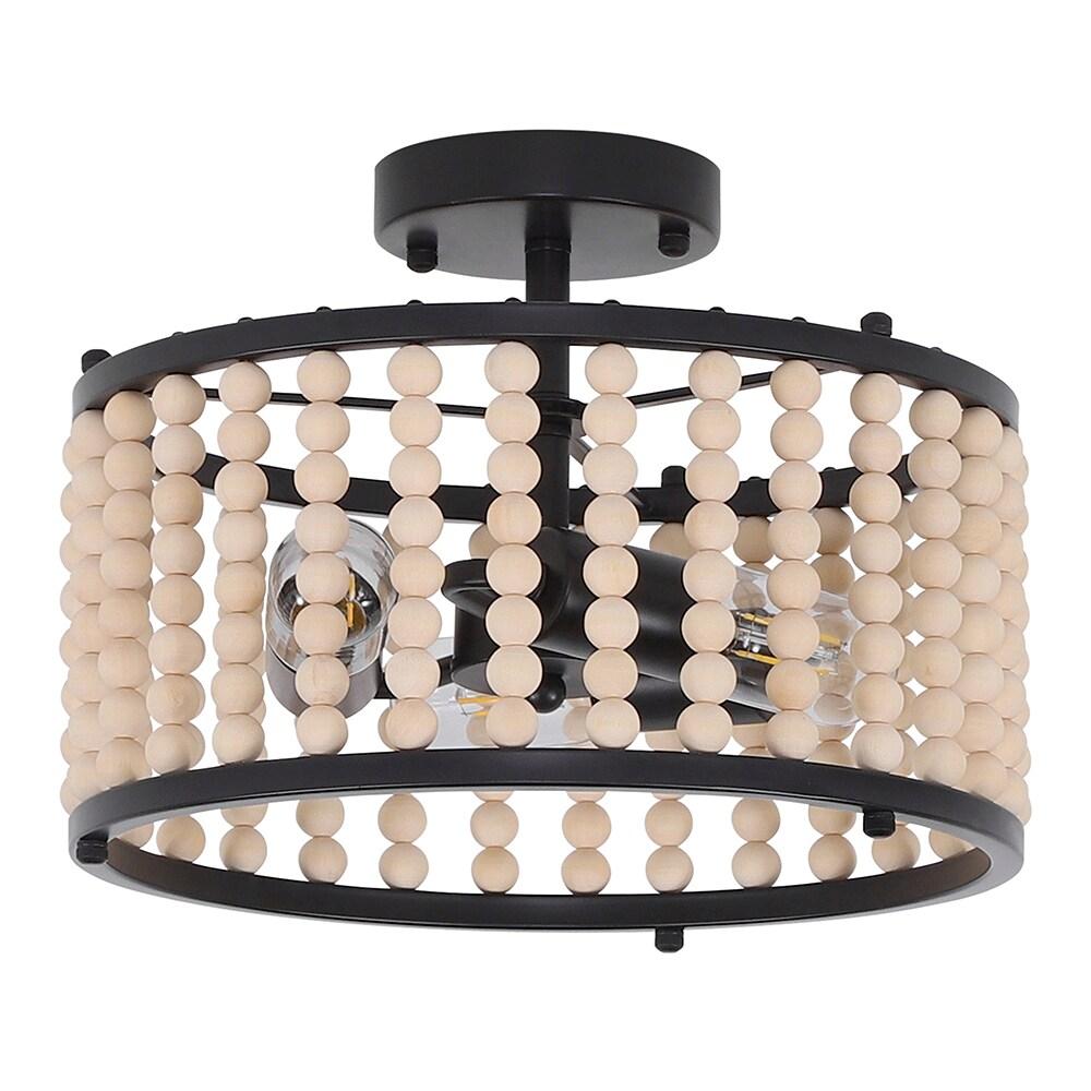 GoYeel Semi Flush Mount Ceiling Light Fixtures 3-Light Wooden Beaded Chandeliers Farmhouse Black