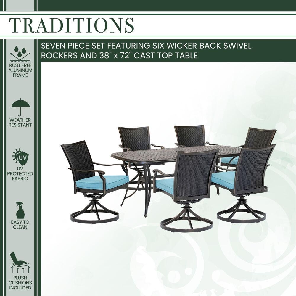 Hanover Traditions 7-Piece Outdoor Furniture Patio Dining Set, 6 Cushioned Wicker Back Cast Aluminum Swivel Rocker Chairs and 38"x72"Cast Table, Brush