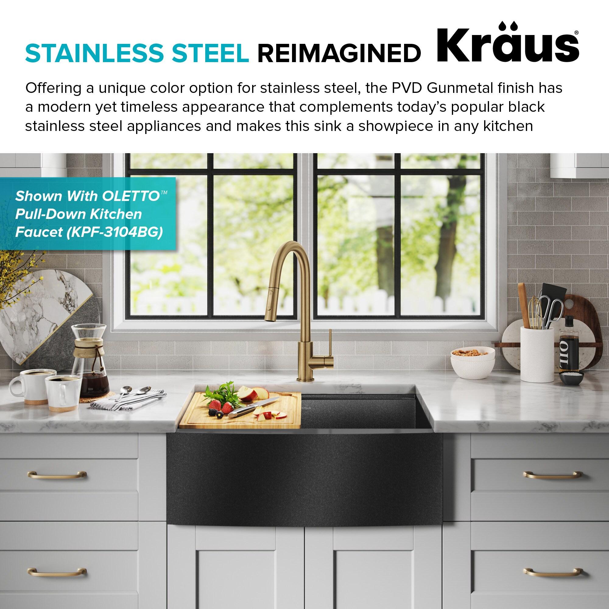 KRAUS Kore™ 27" L Farmhouse Apron Front Workstation 16 Gauge Black Stainless Steel Single Bowl Kitchen Sink
