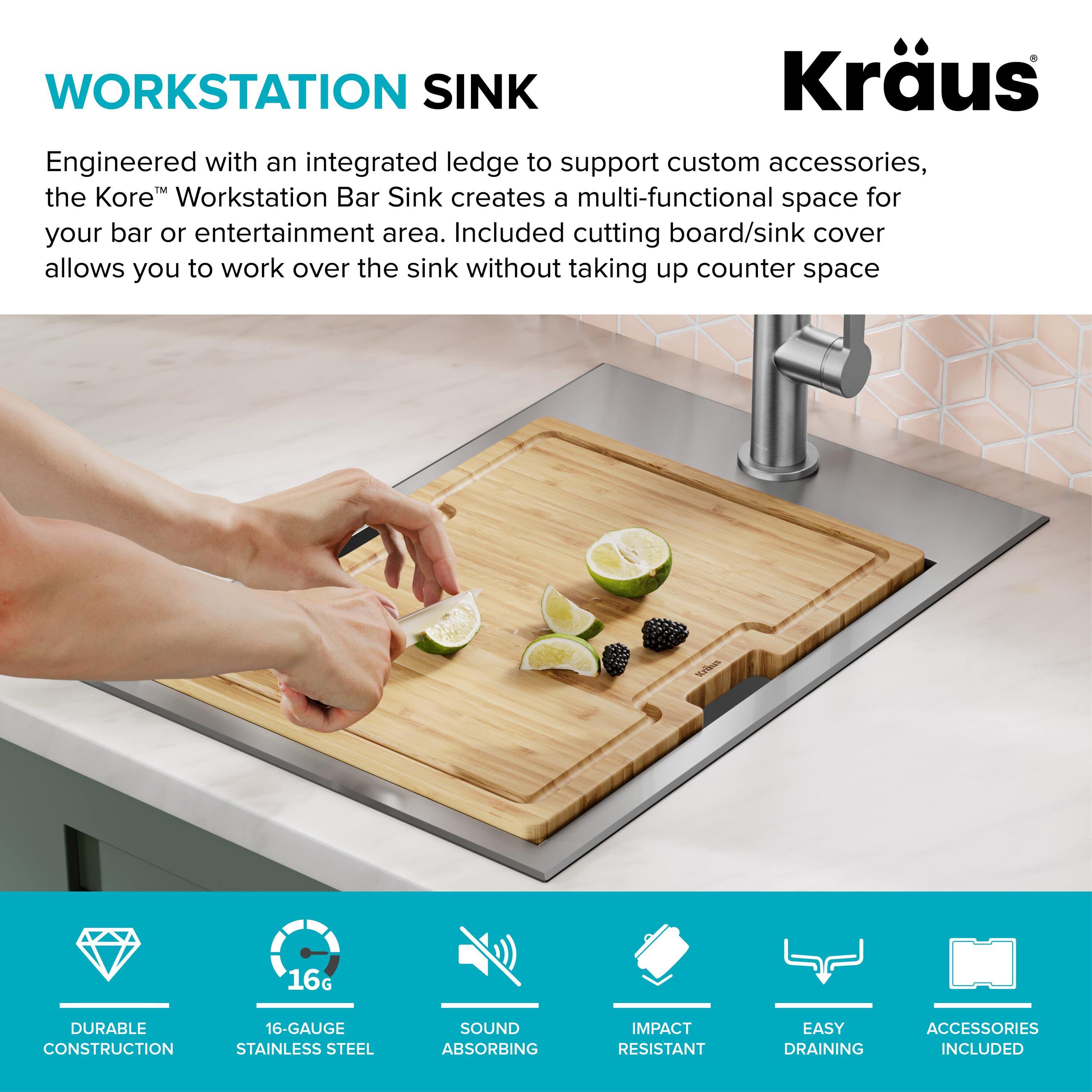 KRAUS® Kore 15" Drop In / Top Mount Workstation 16 Gauge Single Bowl Stainless Steel Bar Kitchen Sink with Accessories