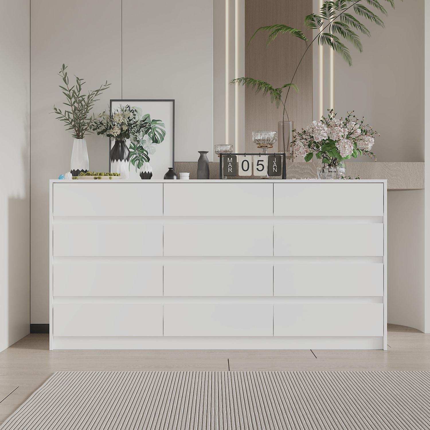 White Double Dresser with 12 Drawers, Modern Engineered Wood