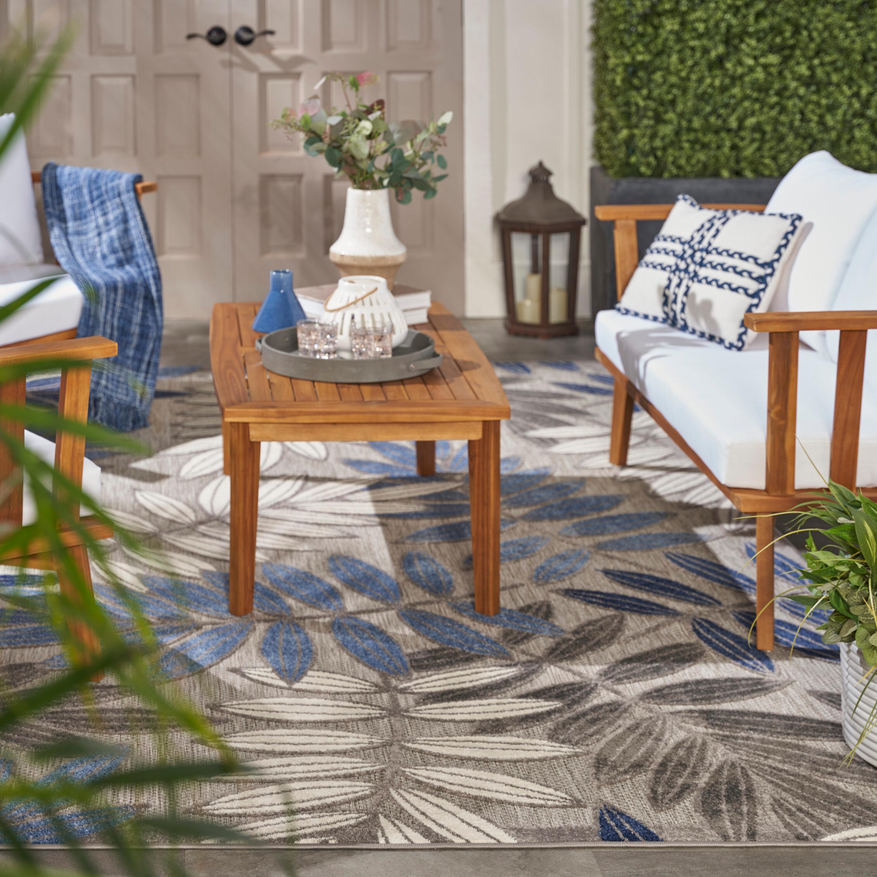 Nourison Aloha Floral Leaf Flatweave High-Low Indoor Outdoor Area Rug Grey/Blue 3'6" x 5'6"