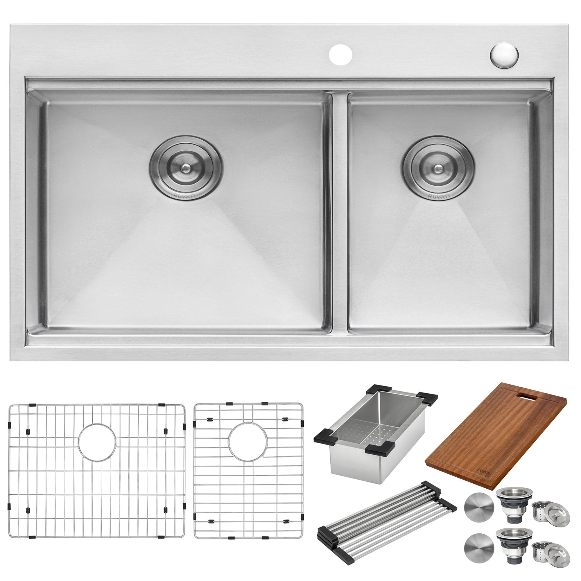 Ruvati 33 x 22 inch Workstation 60/40 Topmount Rounded Corners Stainless Steel Kitchen Sink